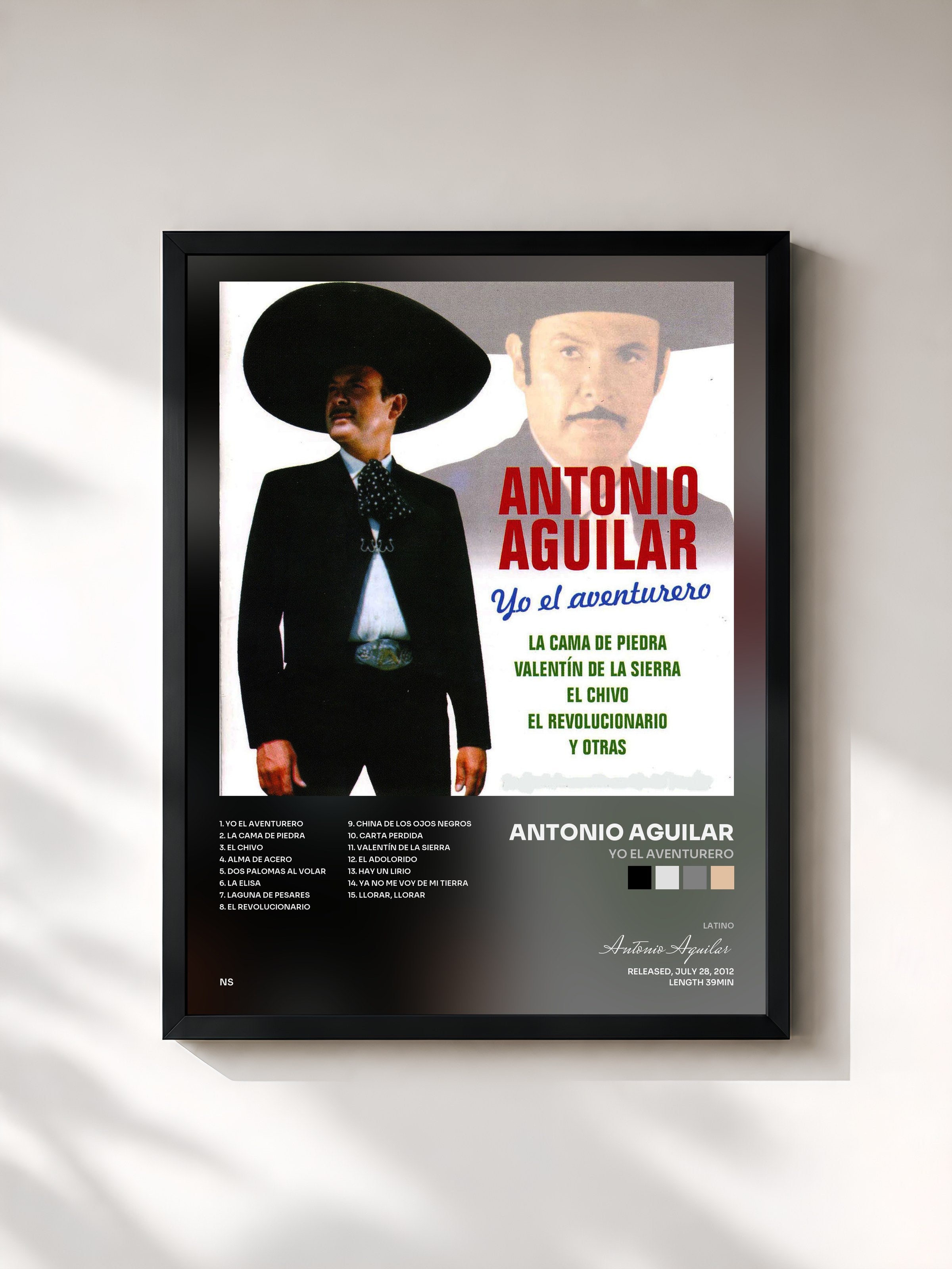 #noir Tableau de l'album Yo el Aventurero de Antonio Aguilar, cadre noir, imprimé et encadré en France