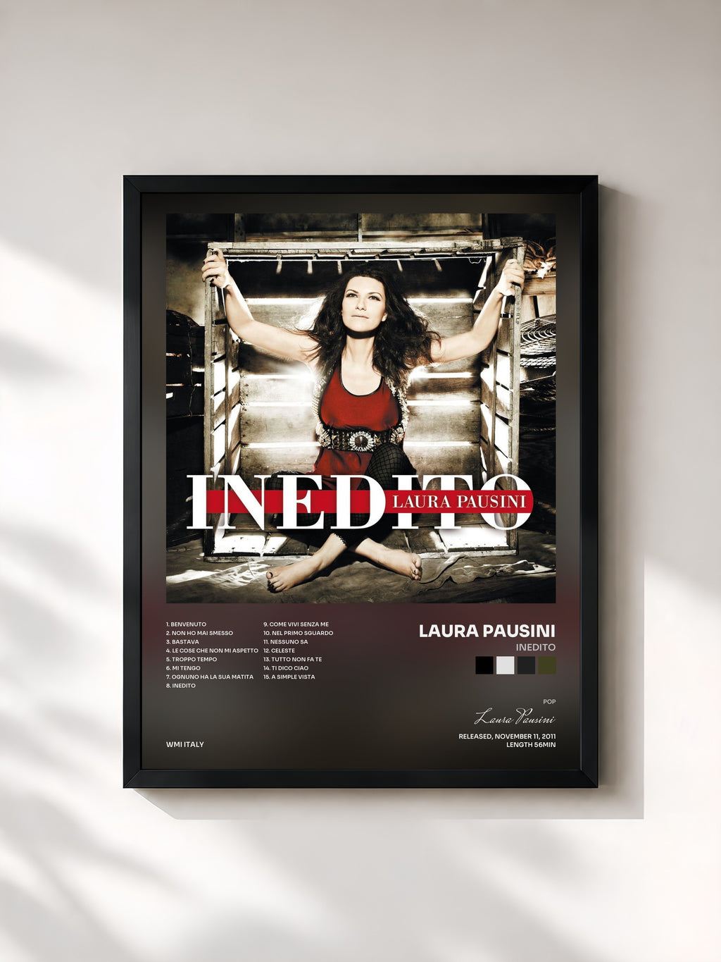 #noir Tableau de l'album Inedito de Laura Pausini, cadre noir, imprimé et encadré en France