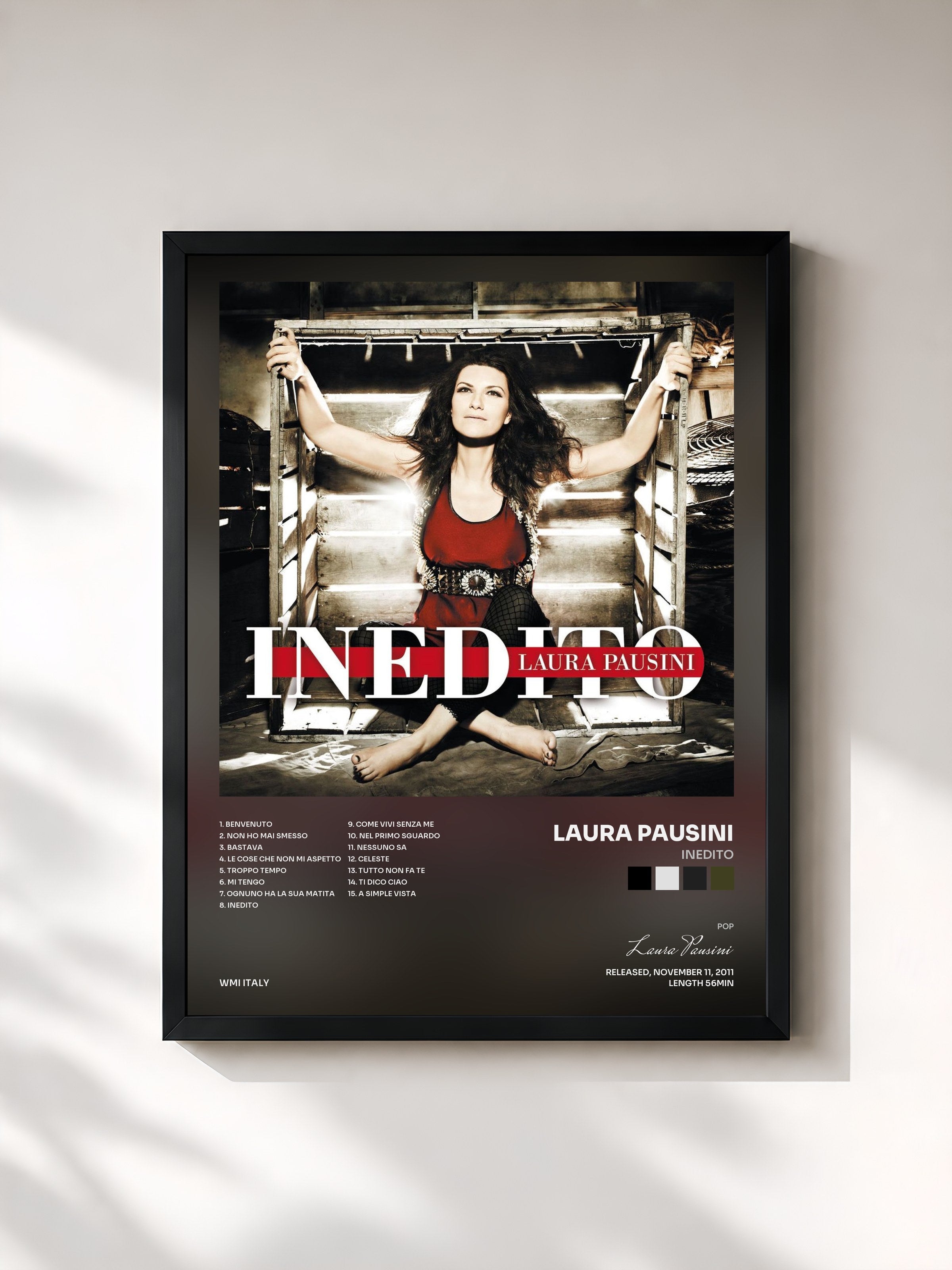 #noir Tableau de l'album Inedito de Laura Pausini, cadre noir, imprimé et encadré en France