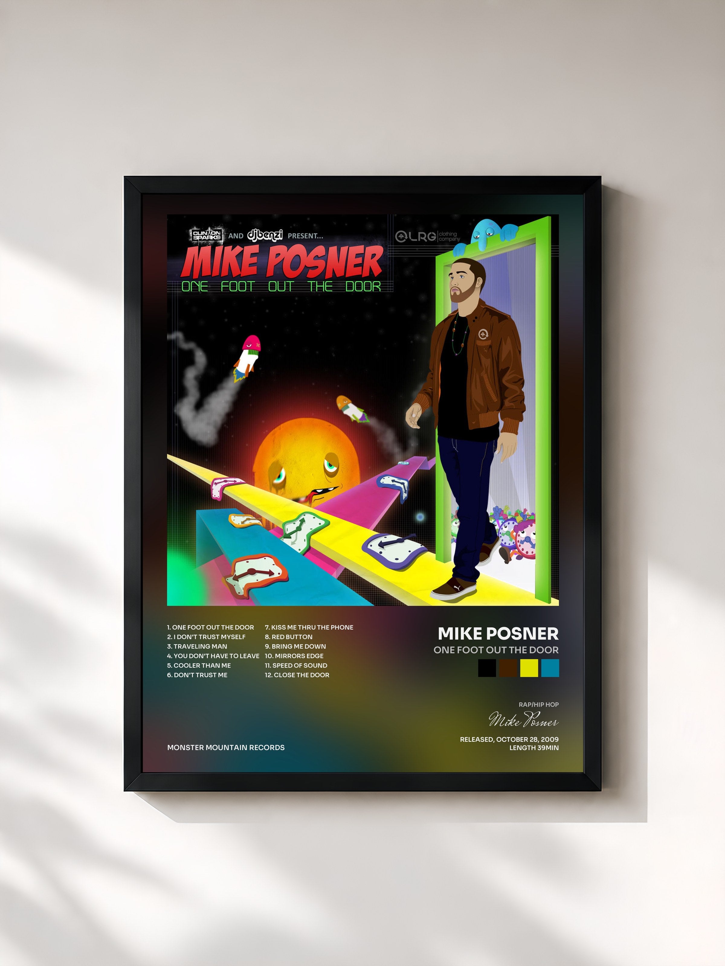 #noir Tableau de l'album One Foot Out The Door de Mike Posner, cadre noir, imprimé et encadré en France
