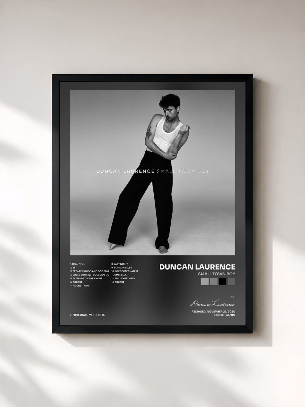 #noir Tableau de l'album Small Town Boy de Duncan Laurence, cadre noir, imprimé et encadré en France