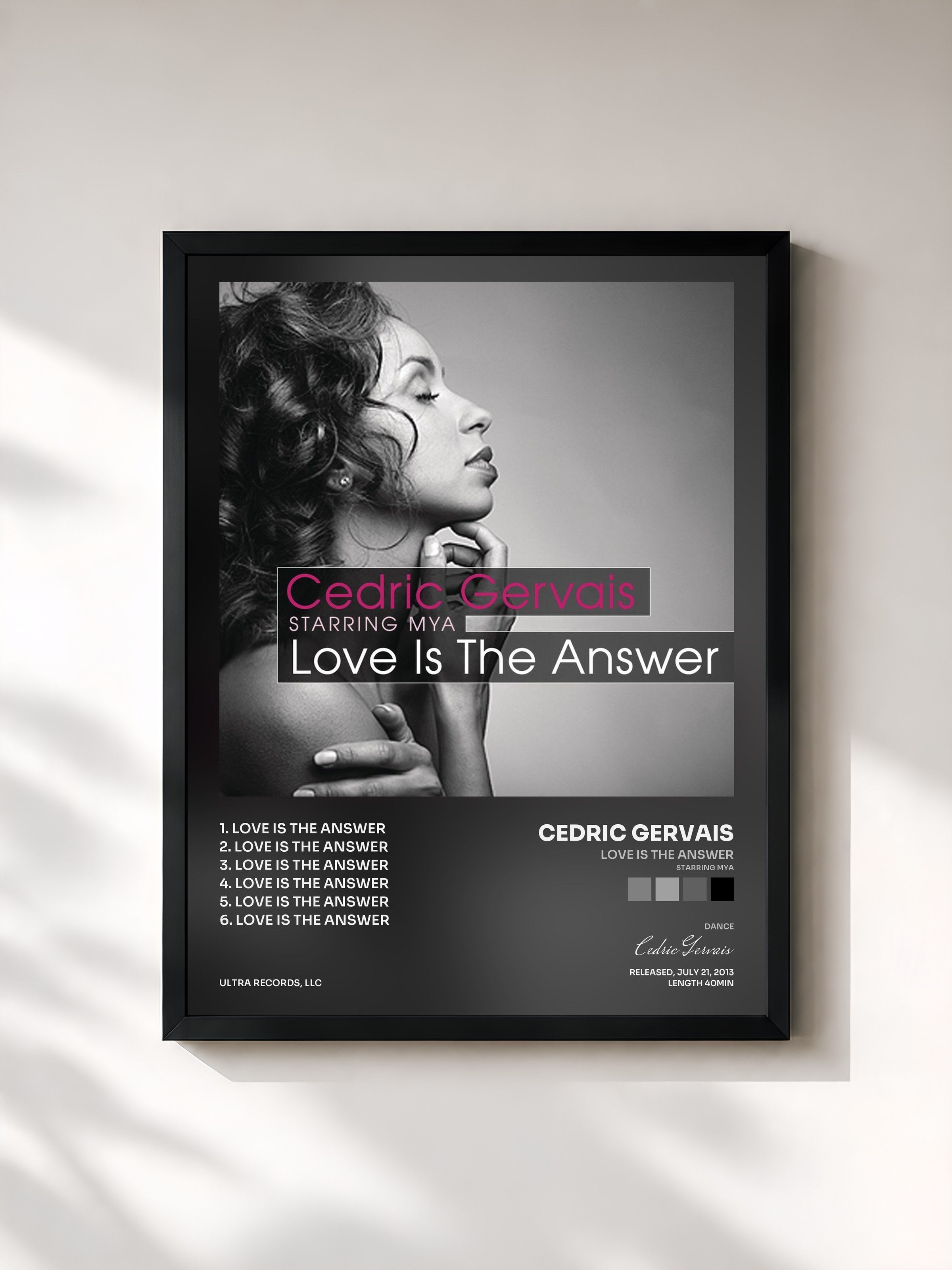 #noir Tableau de l'album Love Is The Answer (Starring Mya) de Cedric Gervais, cadre noir, imprimé et encadré en France