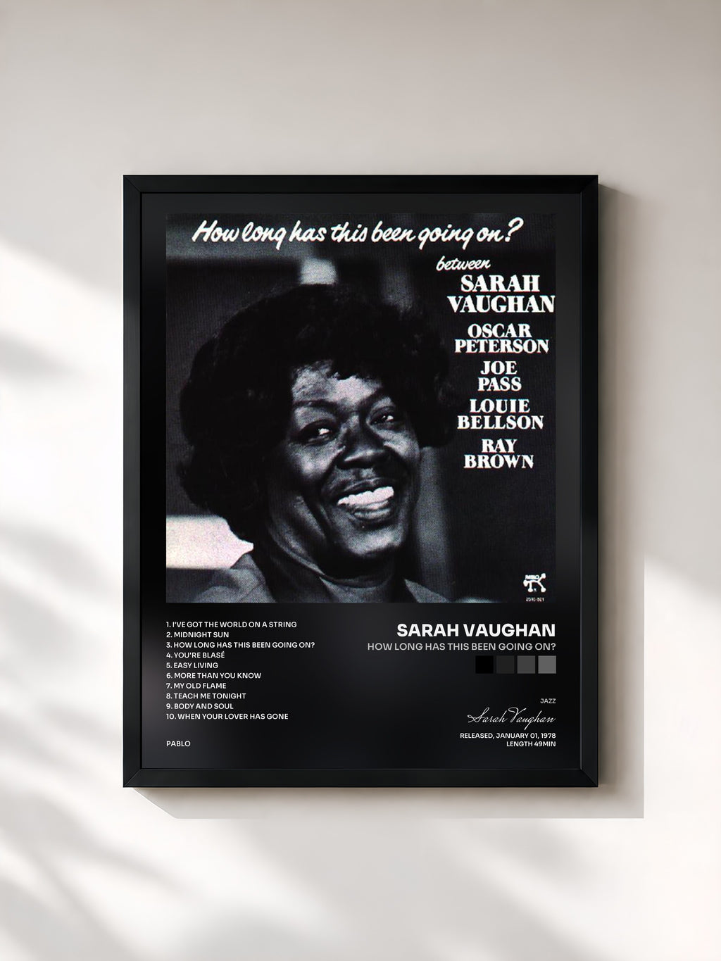 #noir Tableau de l'album How Long Has This Been Going On? de Sarah Vaughan, cadre noir, imprimé et encadré en France