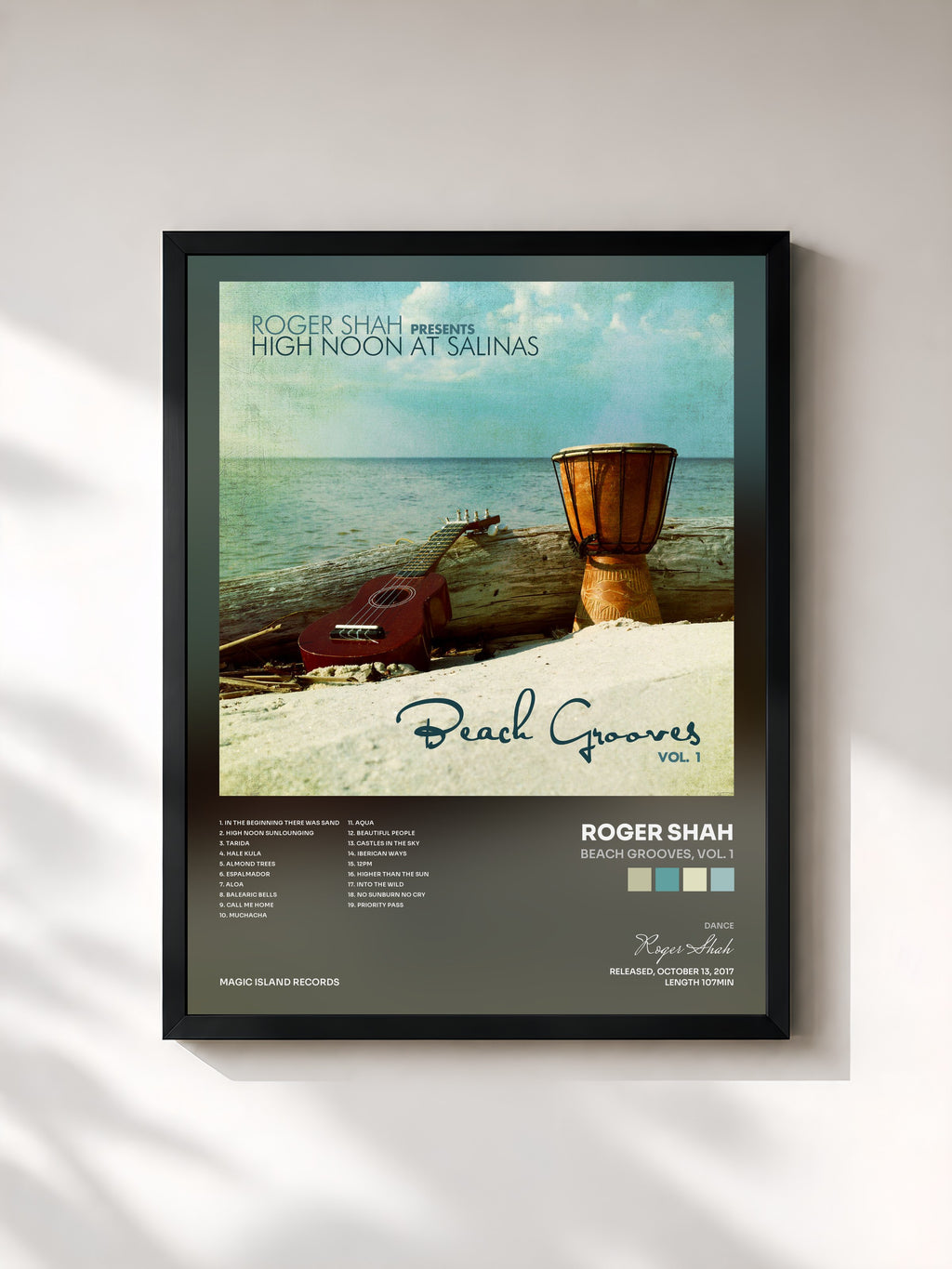 #noir Tableau de l'album Beach Grooves, Vol. 1 de Roger Shah, cadre noir, imprimé et encadré en France