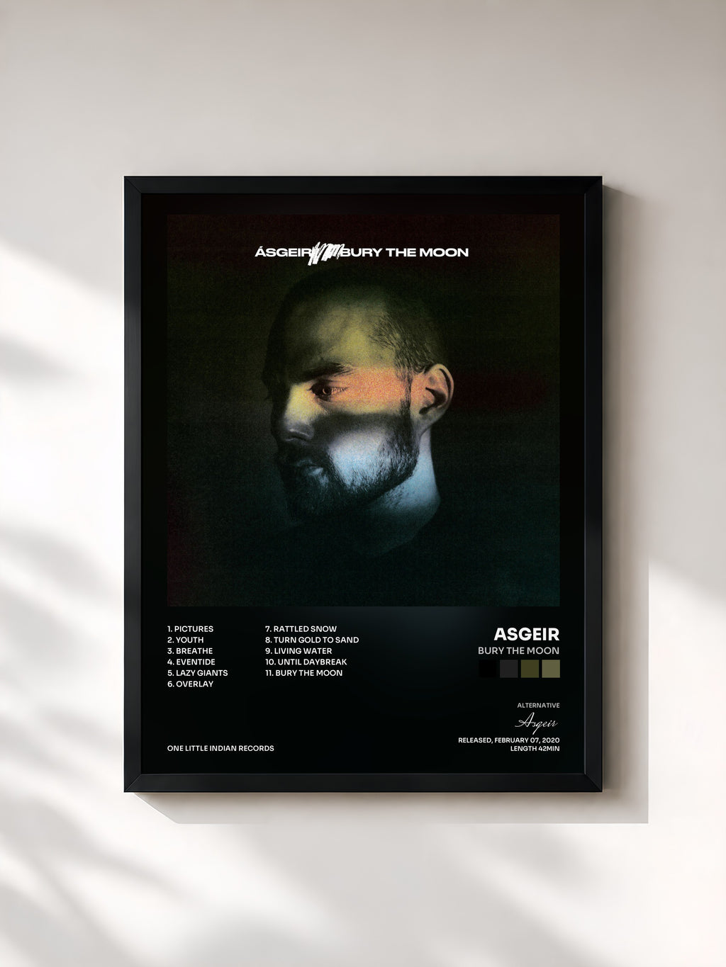 #noir Tableau de l'album Bury the Moon de Asgeir, cadre noir, imprimé et encadré en France