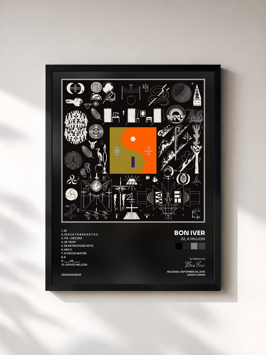 #noir Tableau de l'album 22, A Million de Bon Iver, cadre noir, imprimé et encadré en France