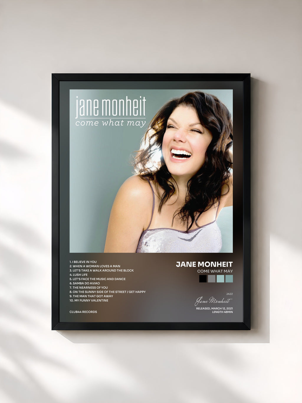 #noir Tableau de l'album Come What May de Jane Monheit, cadre noir, imprimé et encadré en France