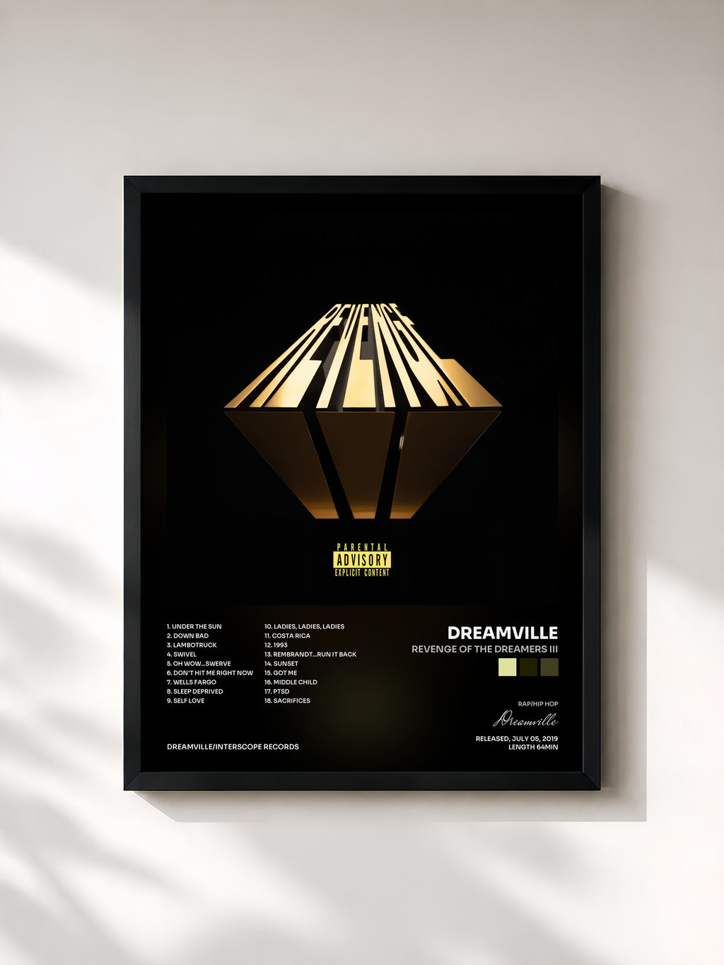 #noir Tableau de l'album Revenge Of The Dreamers III de Dreamville, cadre noir, imprimé et encadré en France