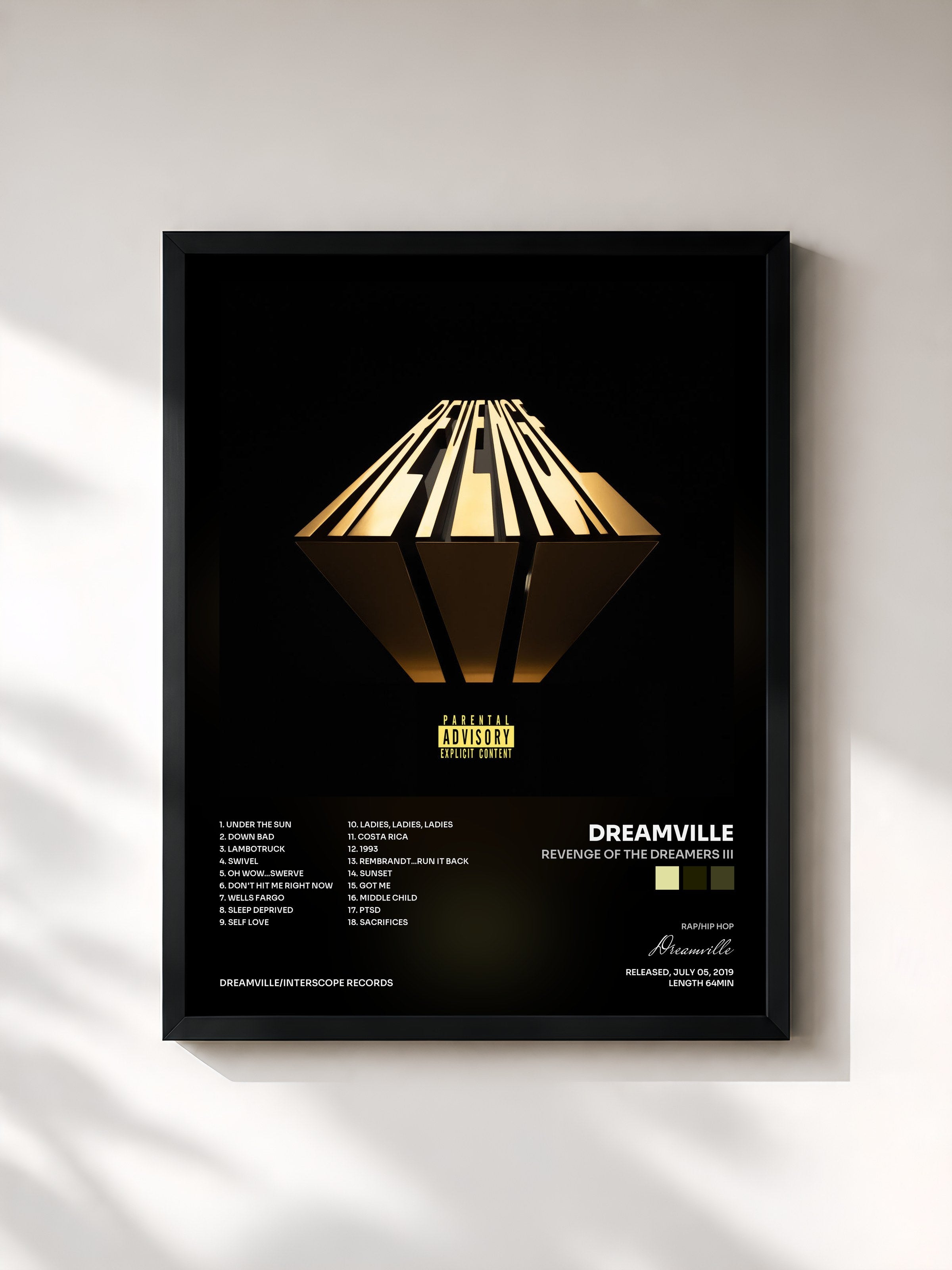 #noir Tableau de l'album Revenge Of The Dreamers III de Dreamville, cadre noir, imprimé et encadré en France