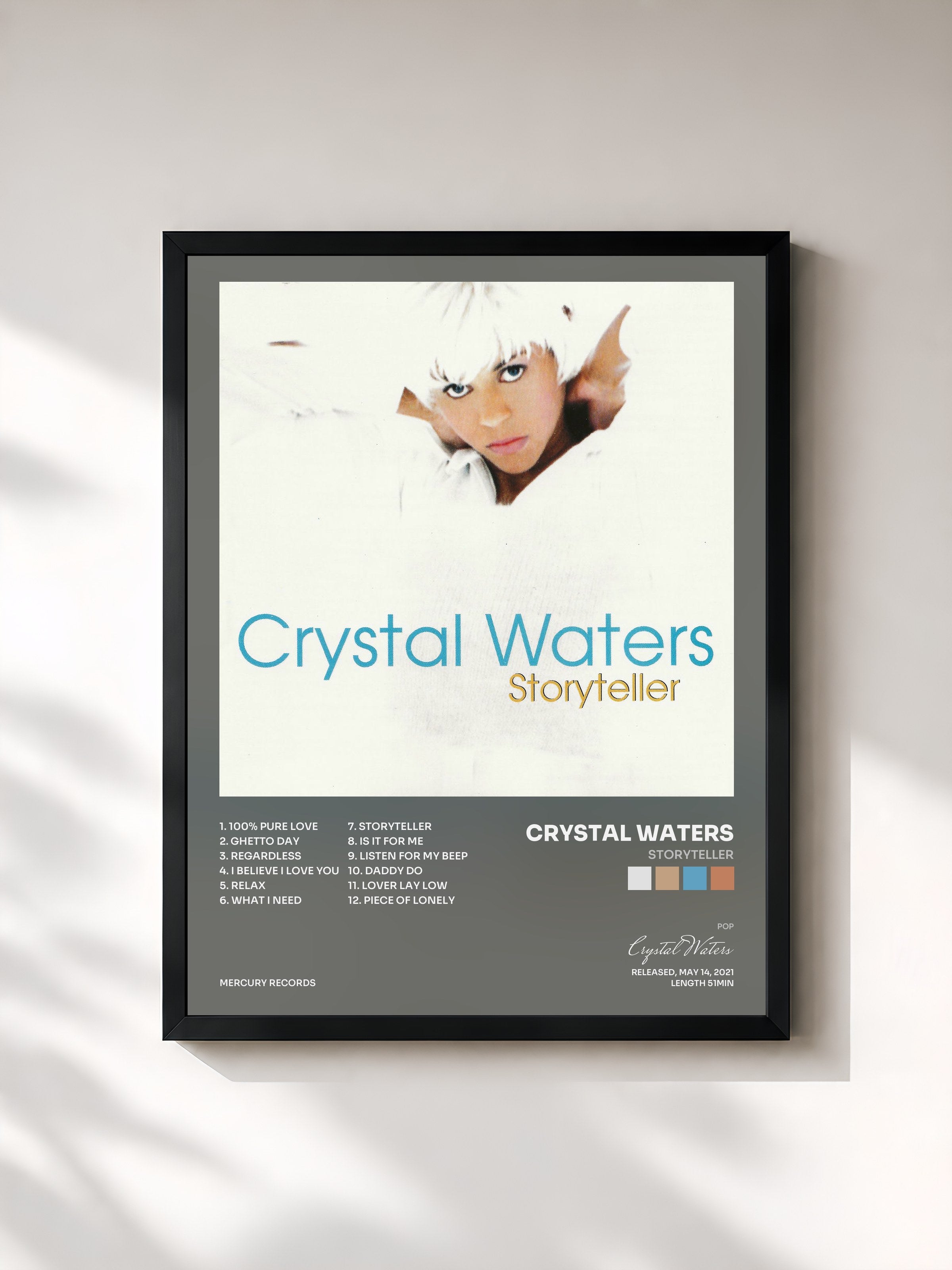 #noir Tableau de l'album Storyteller de Crystal Waters, cadre noir, imprimé et encadré en France