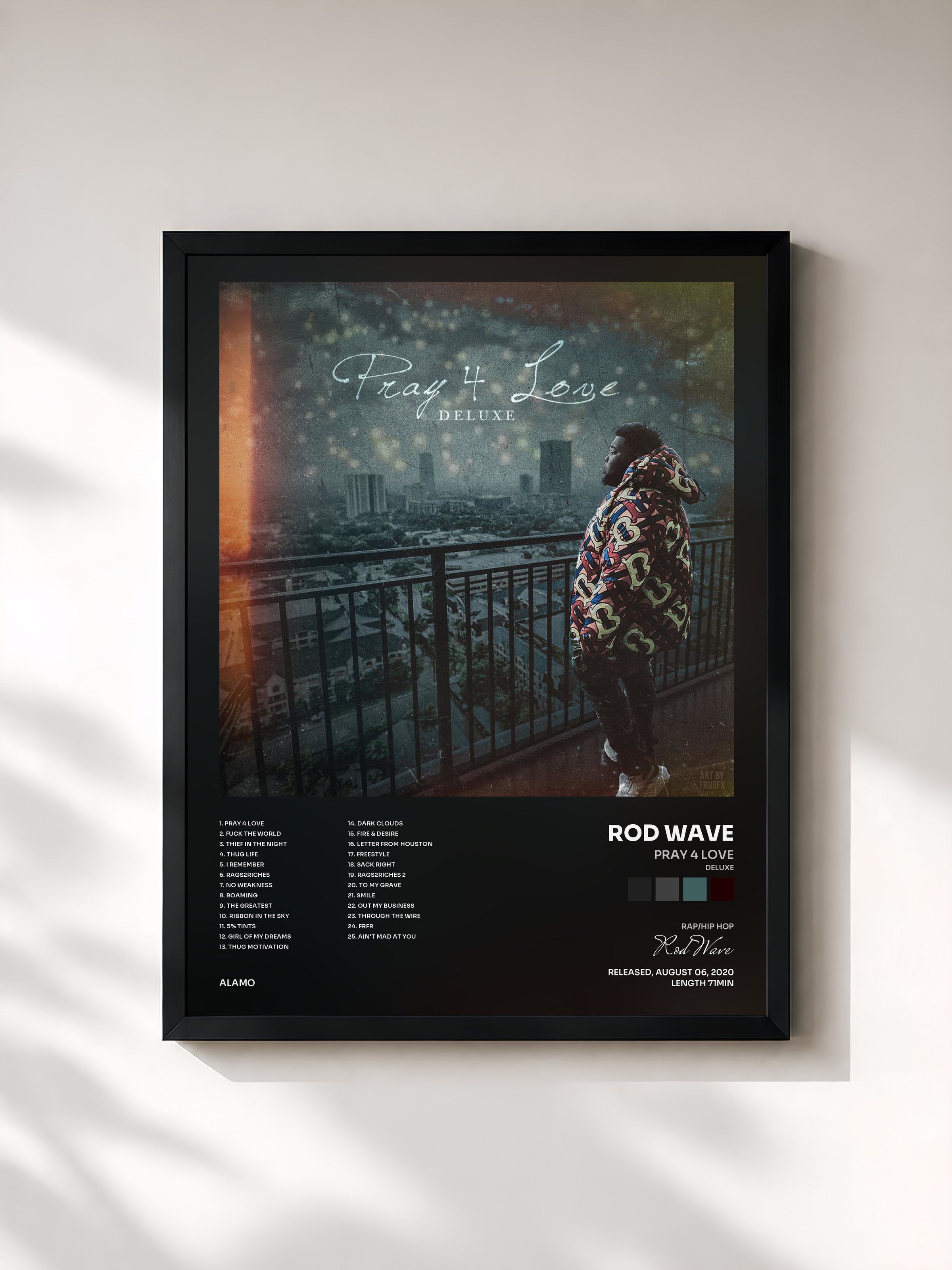 #noir Tableau de l'album Pray 4 Love (Deluxe) de Rod Wave, cadre noir, imprimé et encadré en France