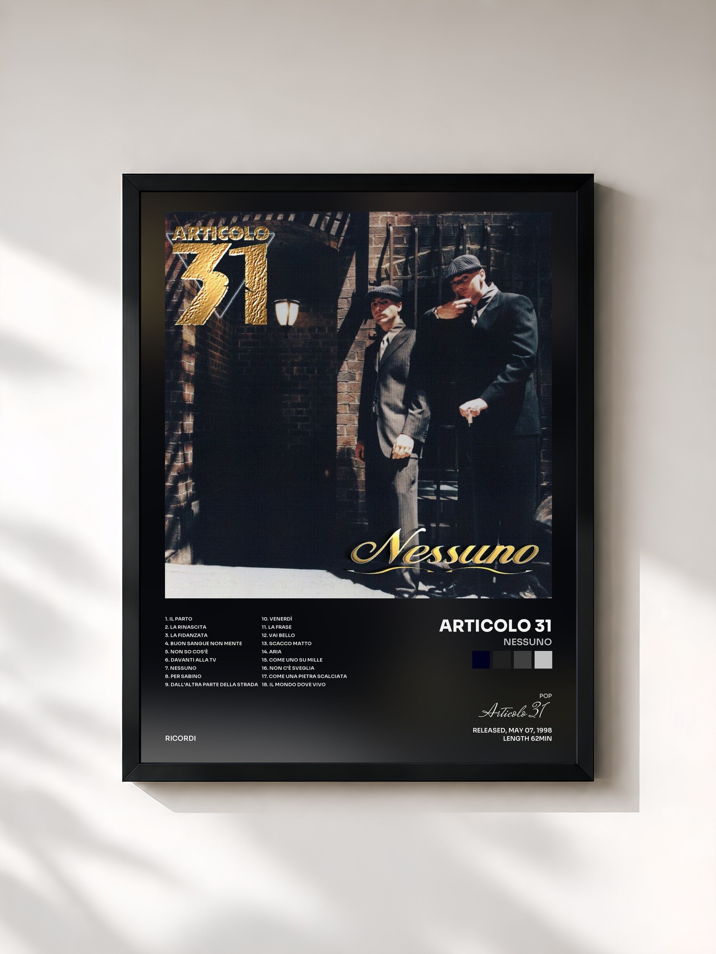 #noir Tableau de l'album Nessuno de Articolo 31, cadre noir, imprimé et encadré en France