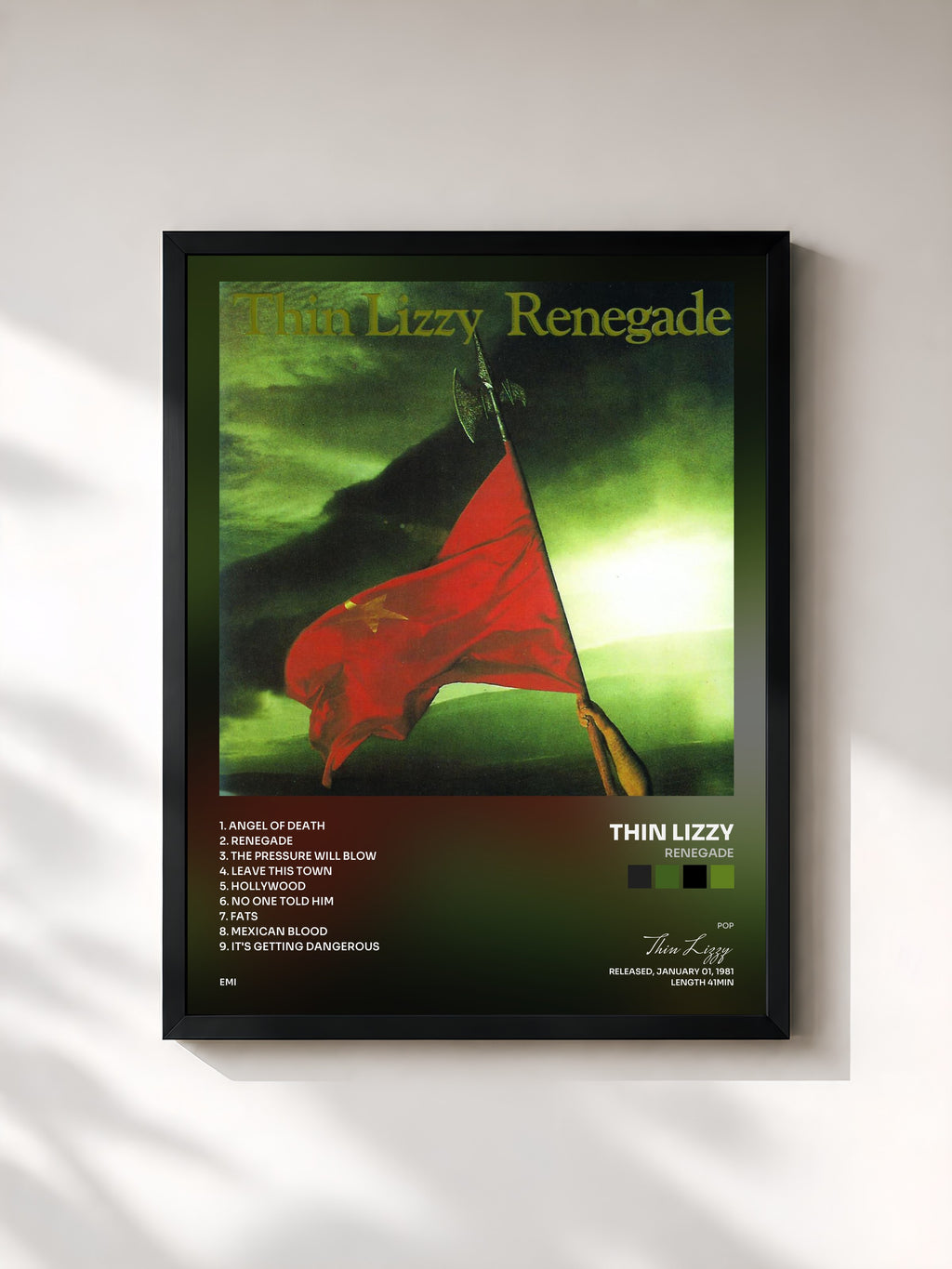 #noir Tableau de l'album Renegade de Thin Lizzy, cadre noir, imprimé et encadré en France