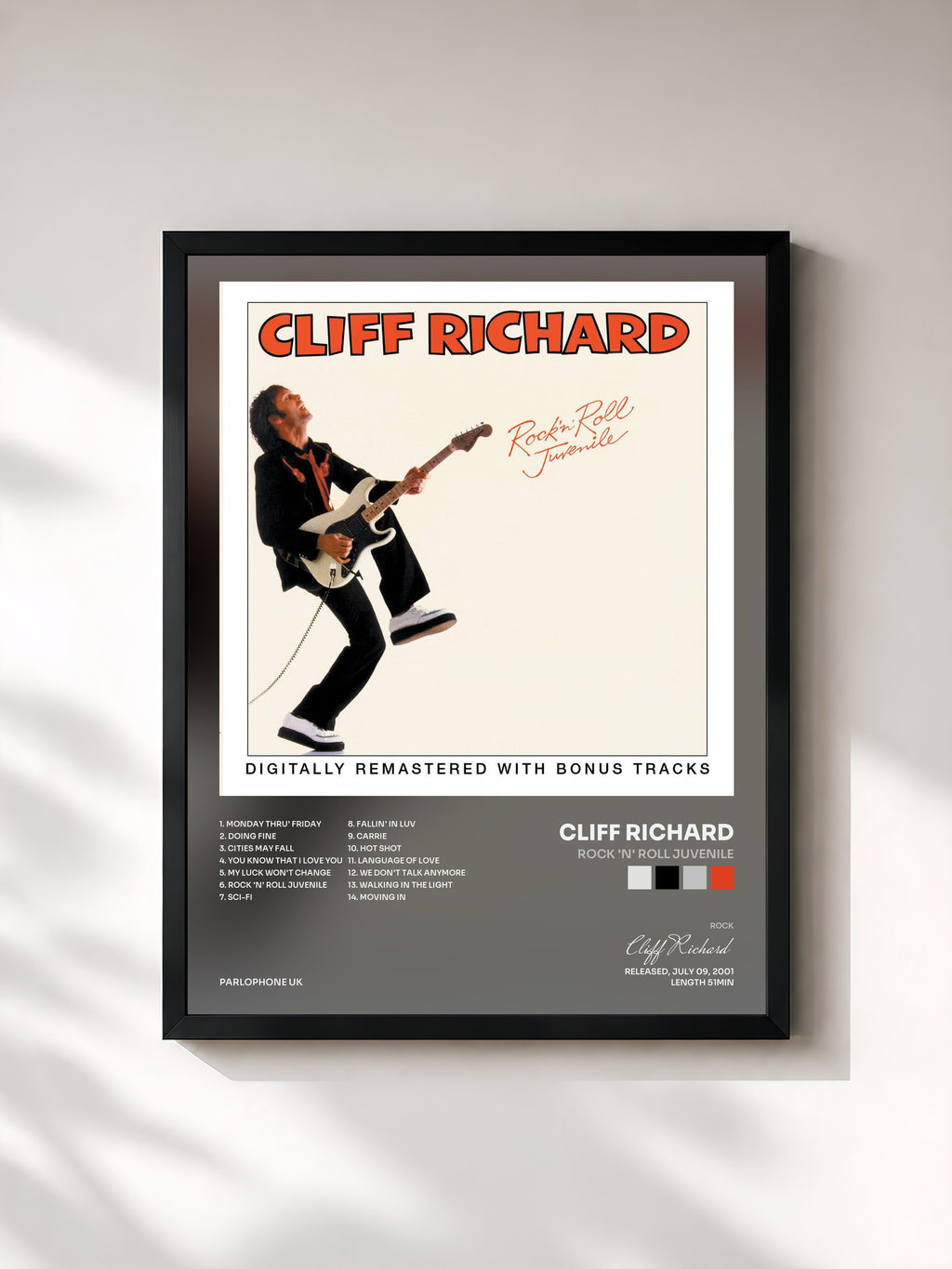 #noir Tableau de l'album Rock 'n' Roll Juvenile de Cliff Richard, cadre noir, imprimé et encadré en France