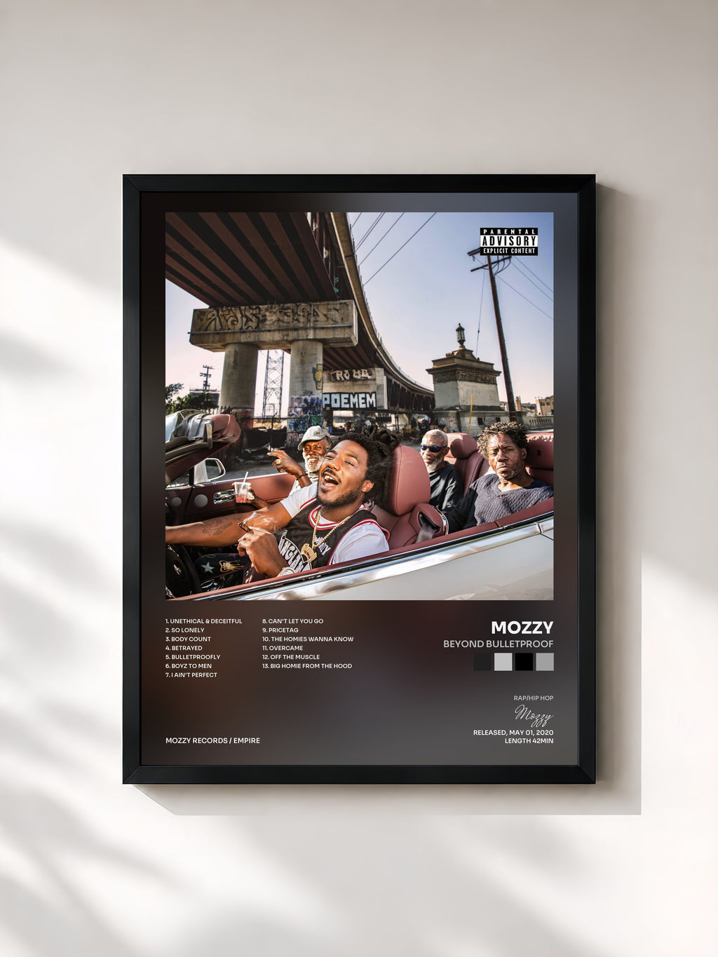 #noir Tableau de l'album Beyond Bulletproof de Mozzy, cadre noir, imprimé et encadré en France