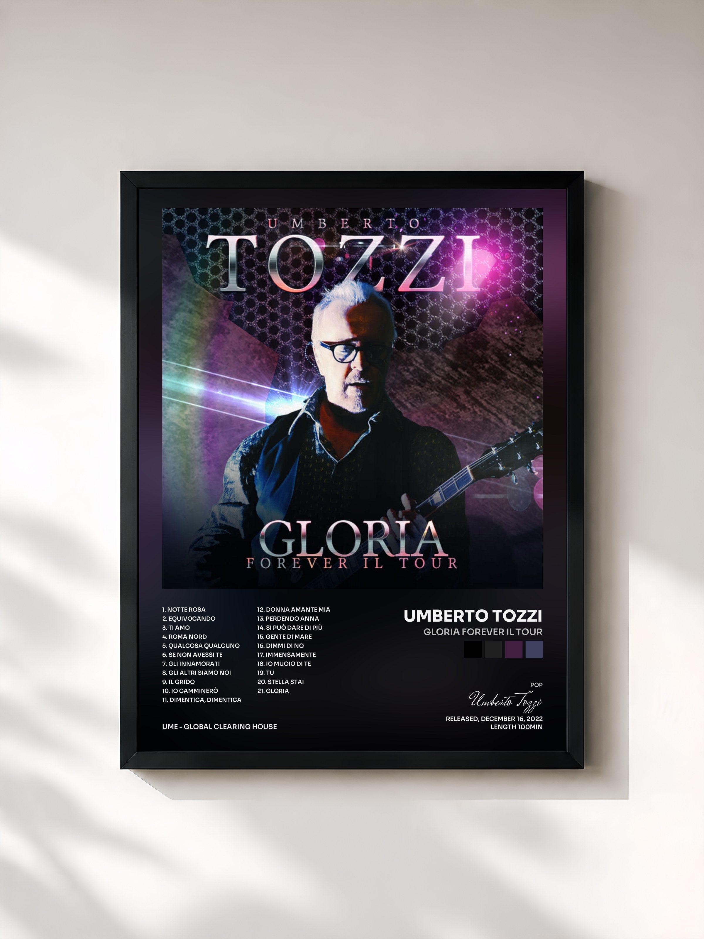 #noir Tableau de l'album GLORIA FOREVER Il Tour de Umberto Tozzi, cadre noir, imprimé et encadré en France