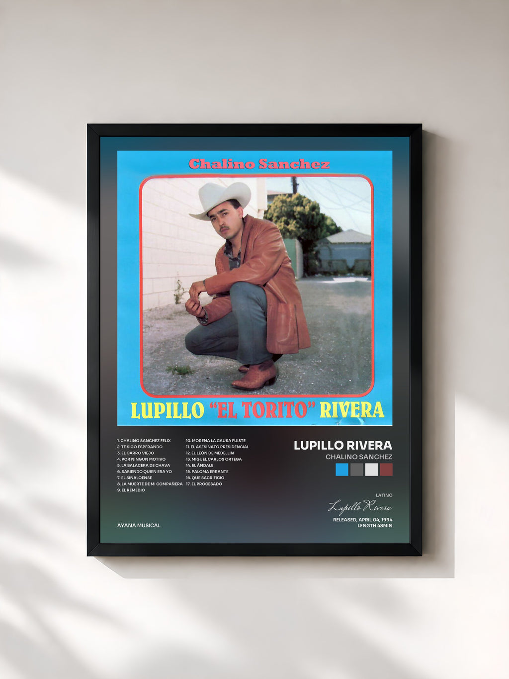 #noir Tableau de l'album Chalino Sanchez de Lupillo Rivera, cadre noir, imprimé et encadré en France