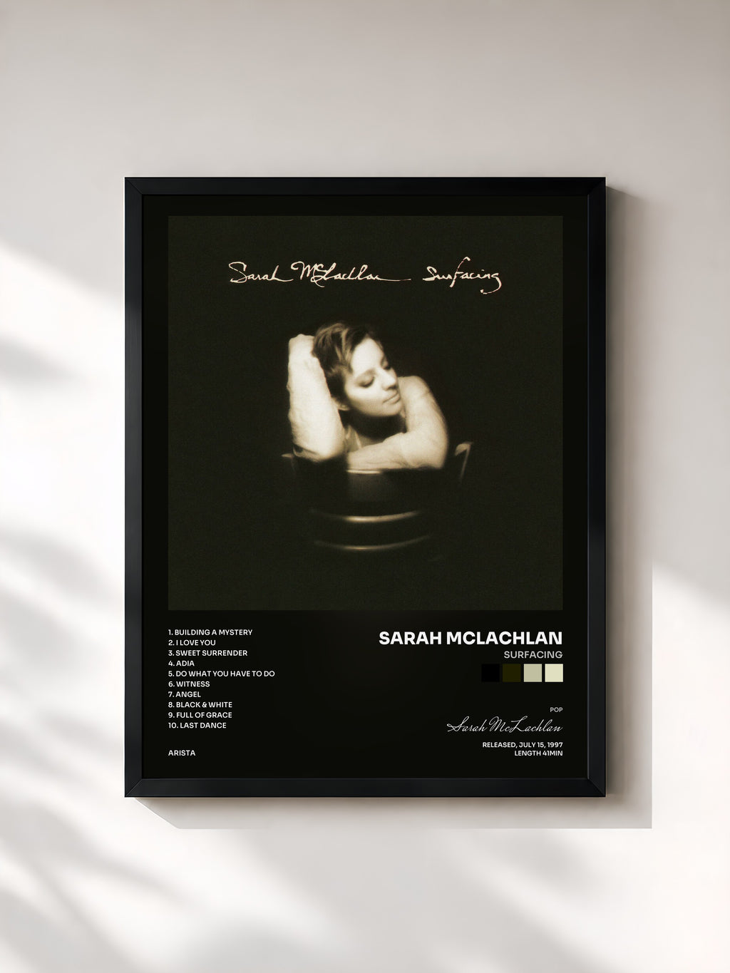 #noir Tableau de l'album Surfacing de Sarah McLachlan, cadre noir, imprimé et encadré en France