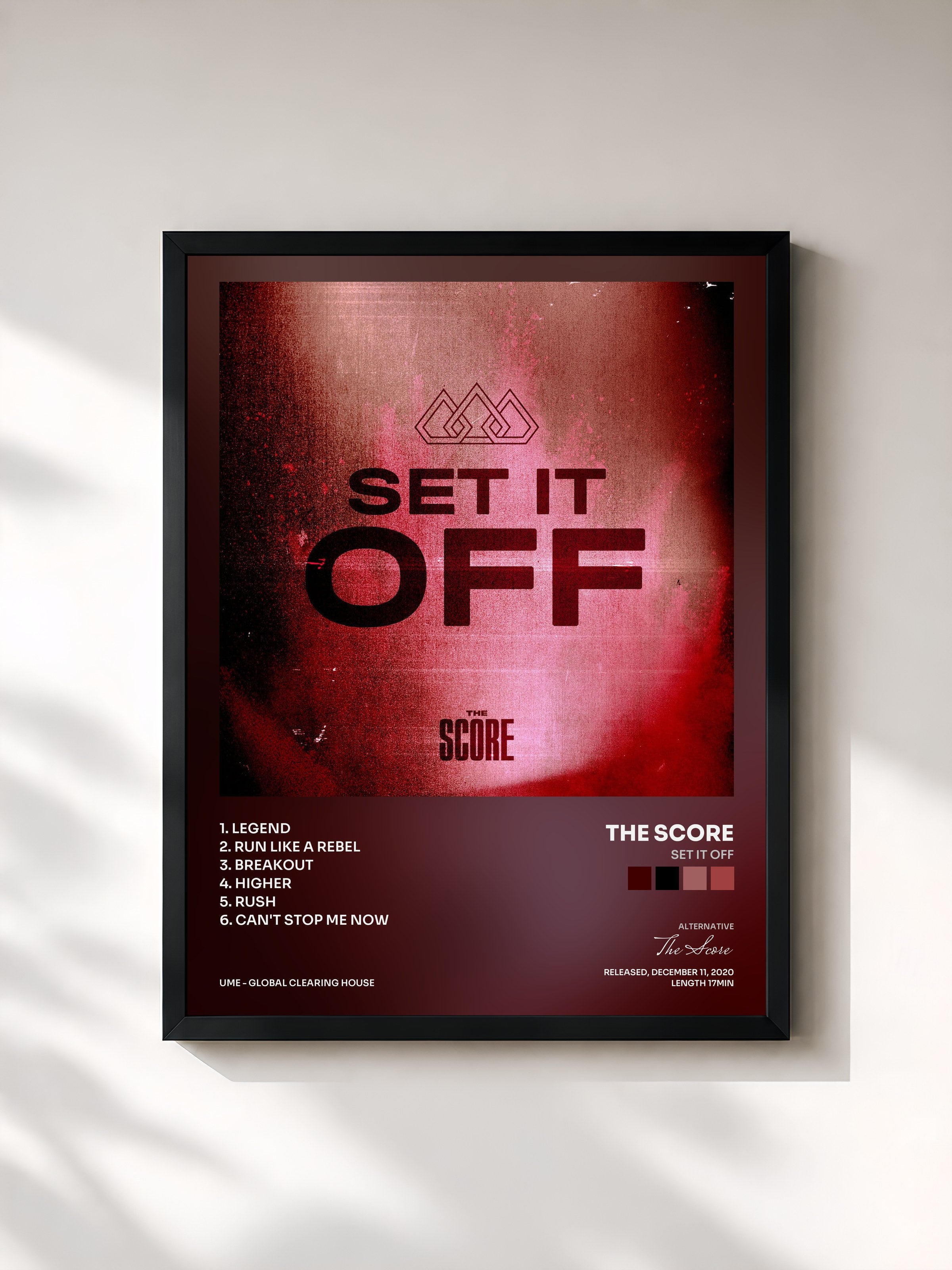 #noir Tableau de l'album Set It Off de The Score, cadre noir, imprimé et encadré en France