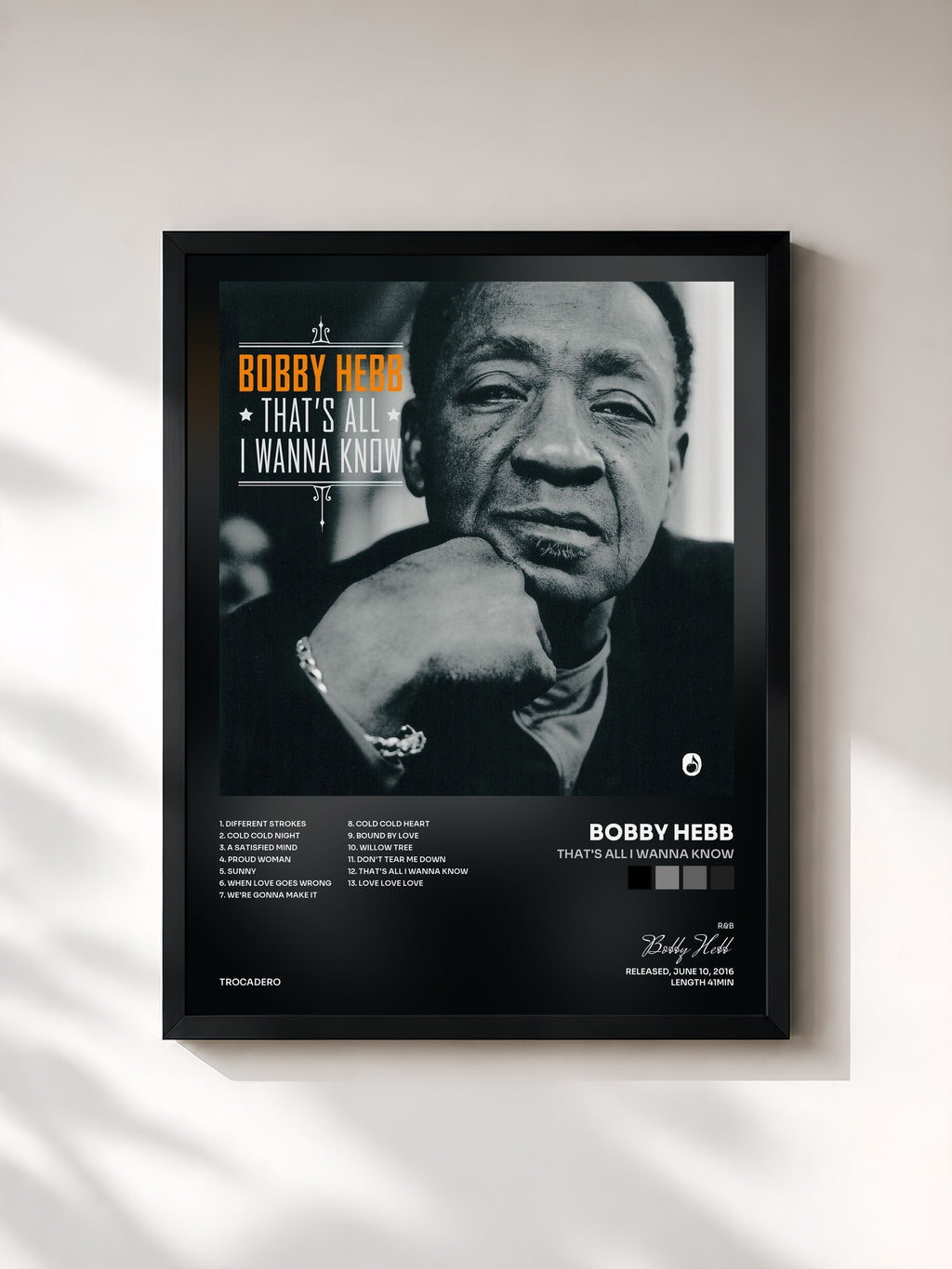 #noir Tableau de l'album That's All I Wanna Know de Bobby Hebb, cadre noir, imprimé et encadré en France