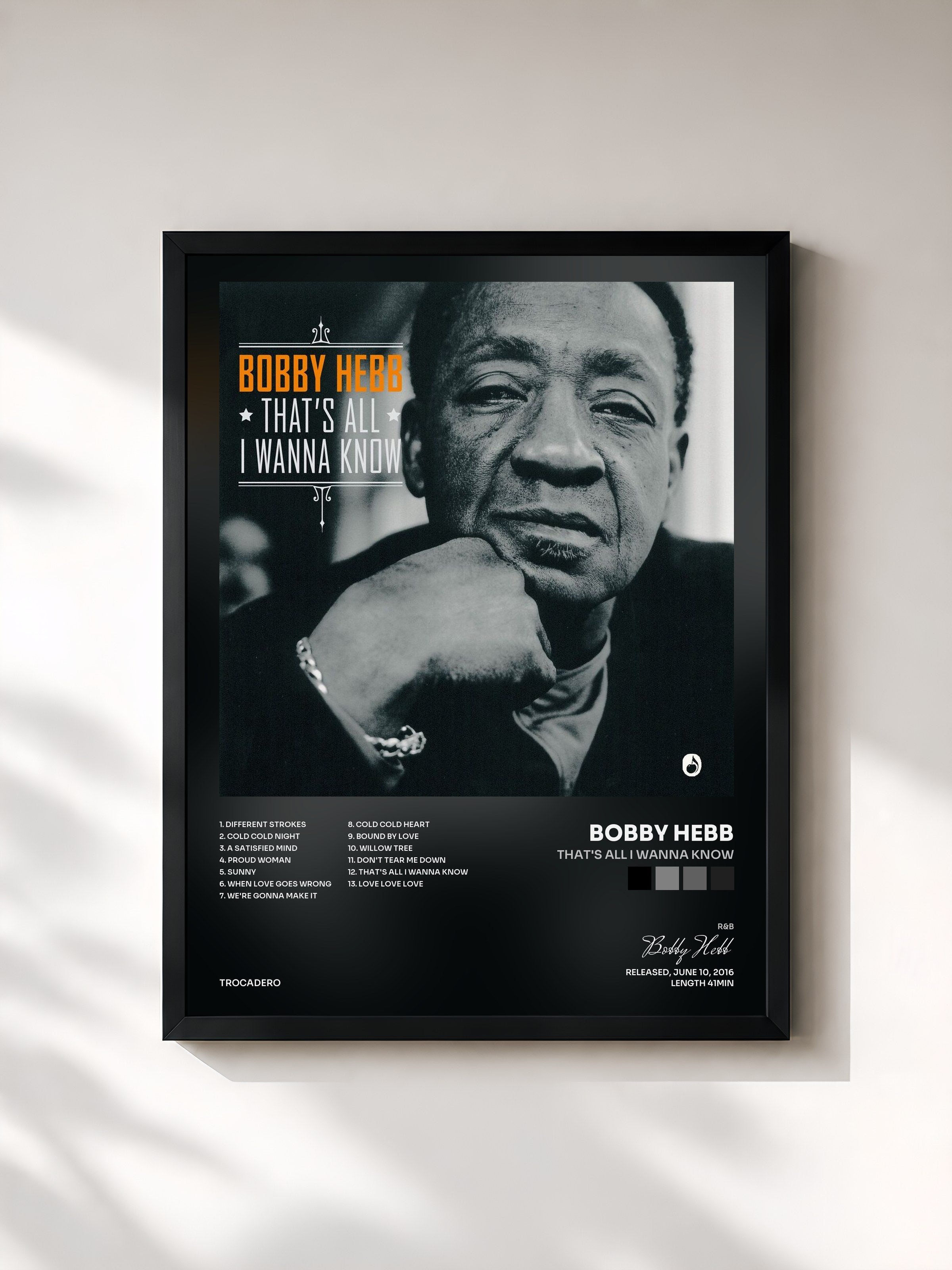 #noir Tableau de l'album That's All I Wanna Know de Bobby Hebb, cadre noir, imprimé et encadré en France