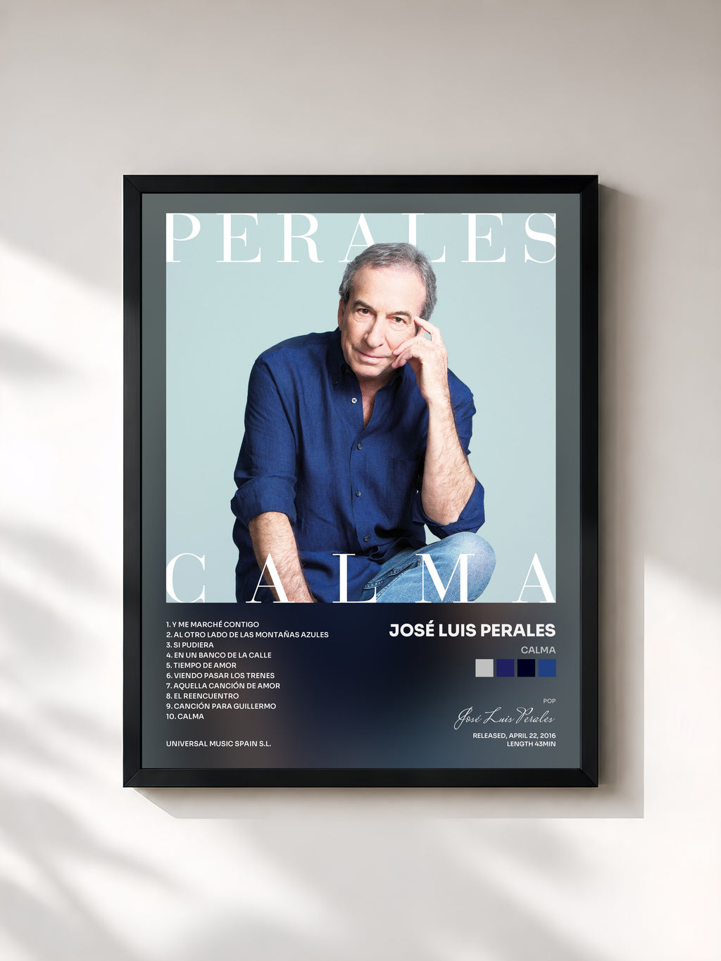 #noir Tableau de l'album Calma de José Luis Perales, cadre noir, imprimé et encadré en France