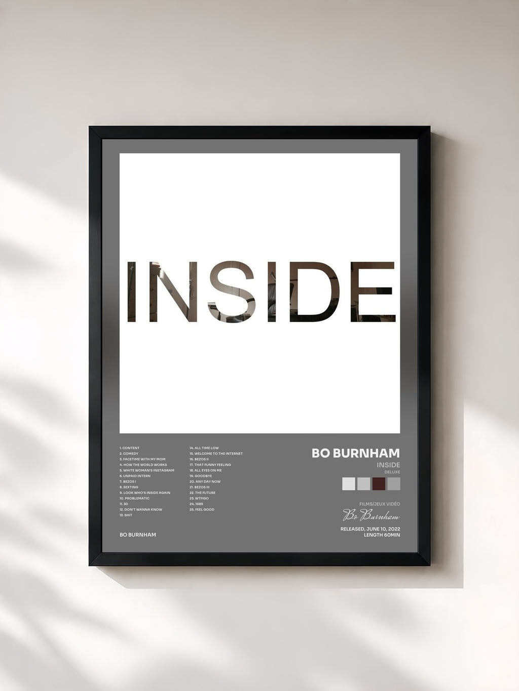 #noir Tableau de l'album INSIDE (DELUXE) de Bo Burnham, cadre noir, imprimé et encadré en France