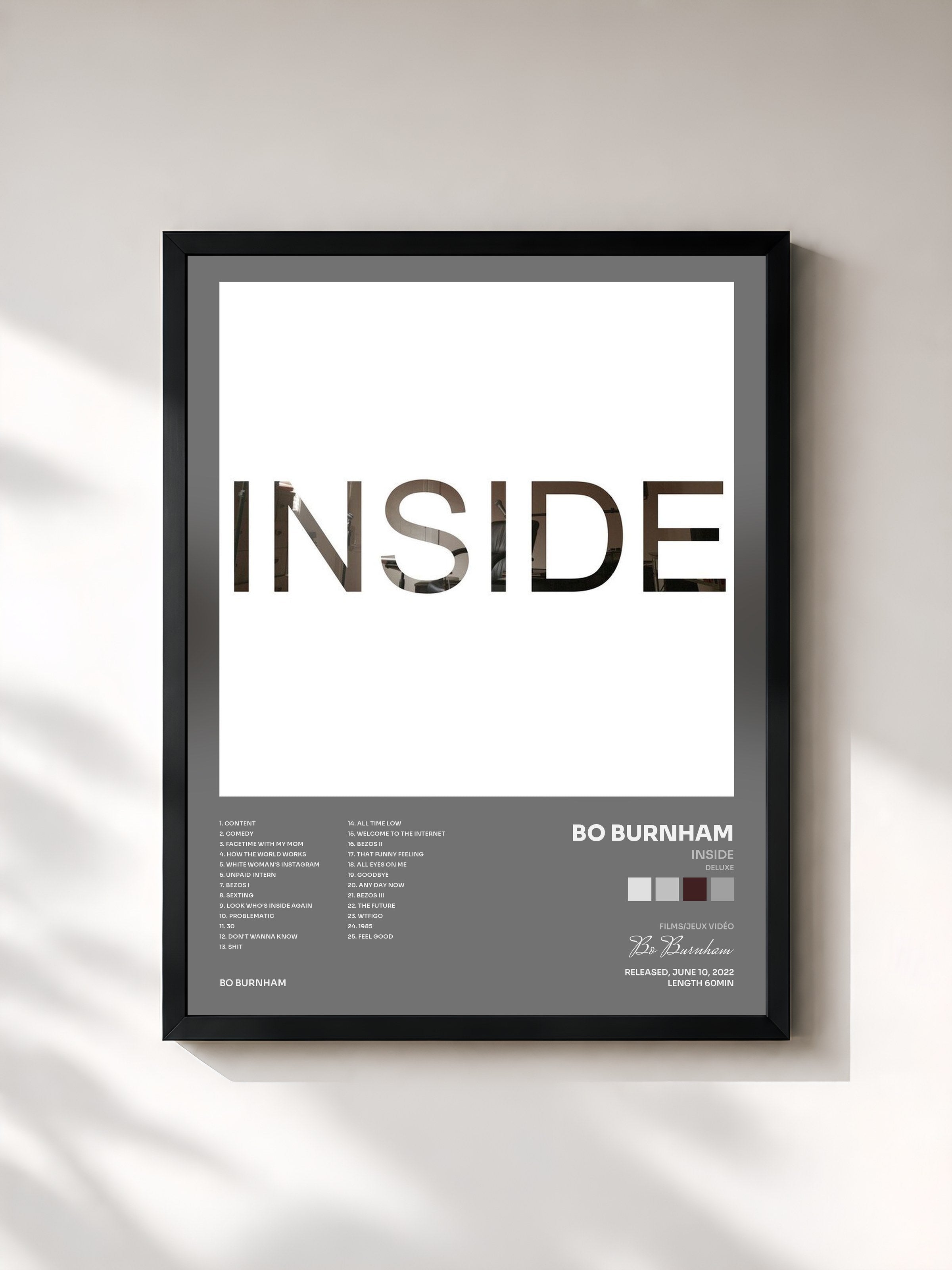 #noir Tableau de l'album INSIDE (DELUXE) de Bo Burnham, cadre noir, imprimé et encadré en France