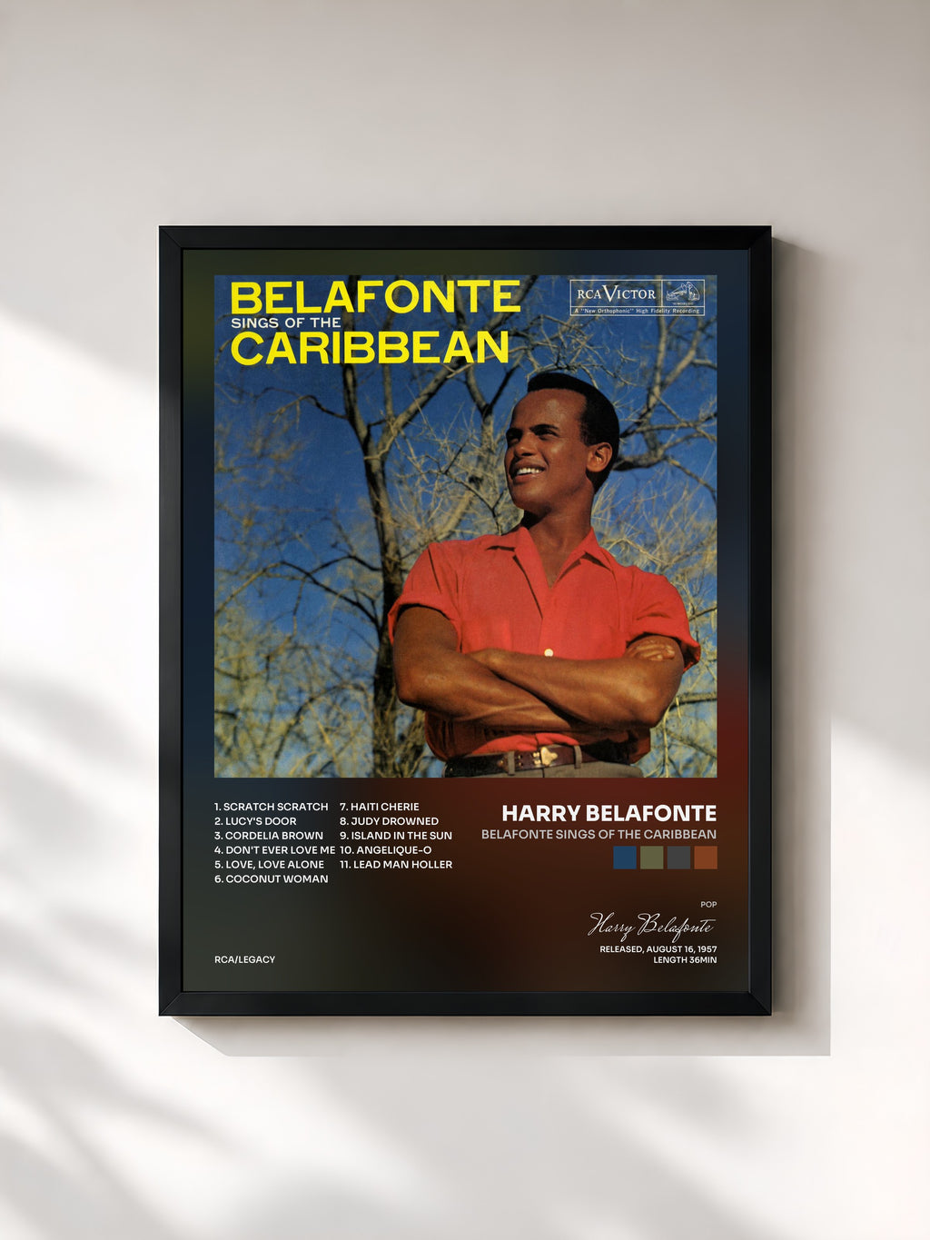 #noir Tableau de l'album Belafonte Sings of The Caribbean de Harry Belafonte, cadre noir, imprimé et encadré en France