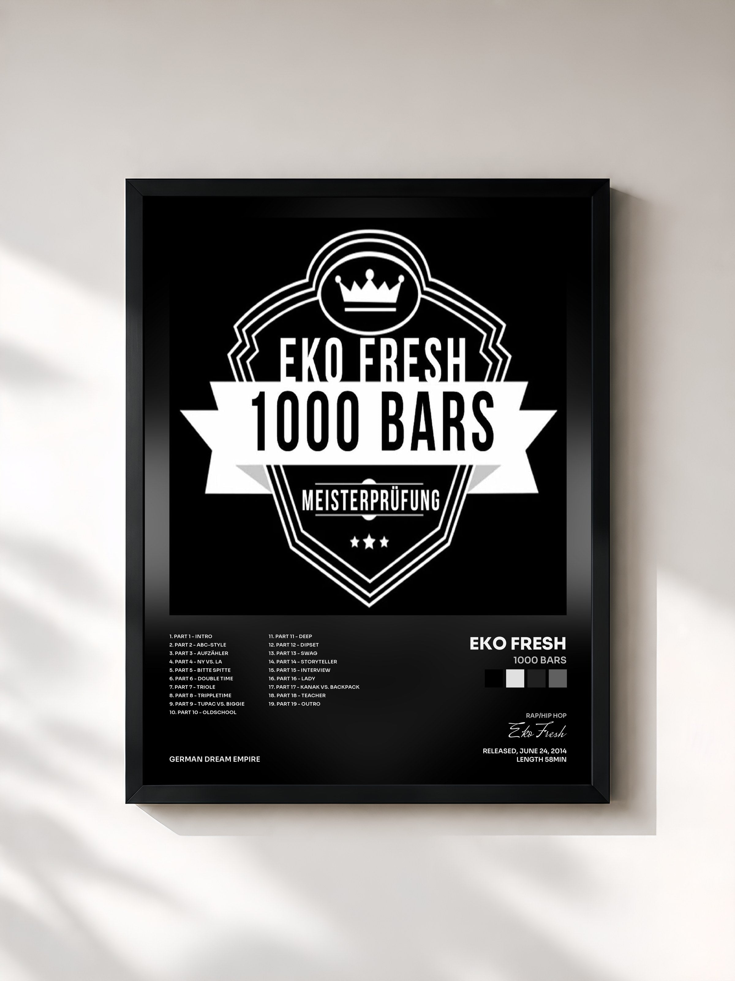 #noir Tableau de l'album 1000 Bars de Eko Fresh, cadre noir, imprimé et encadré en France