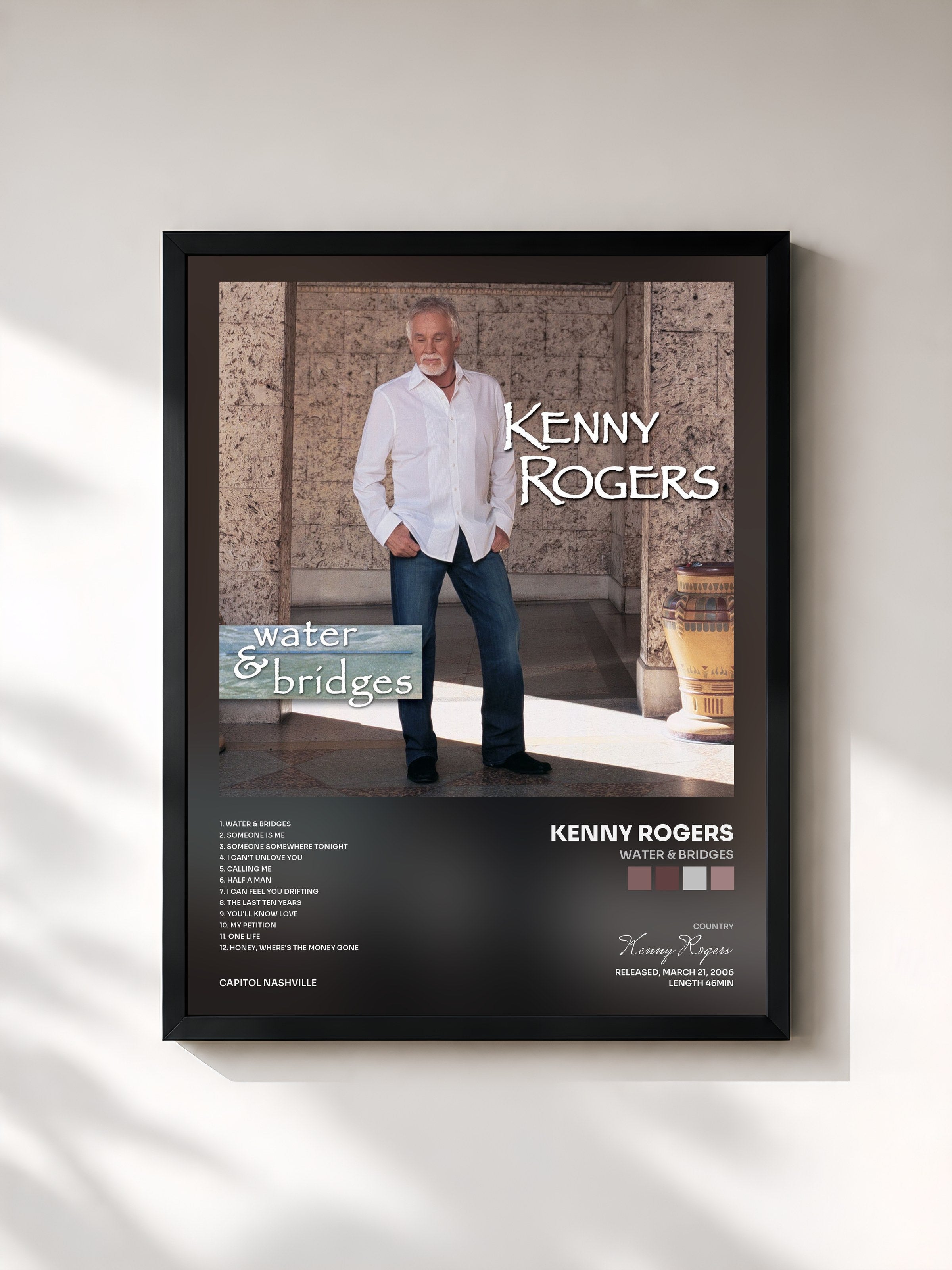 #noir Tableau de l'album Water & Bridges de Kenny Rogers, cadre noir, imprimé et encadré en France