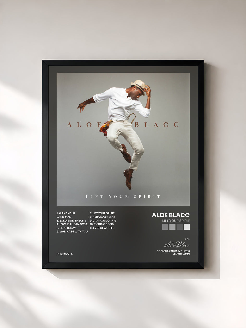 #noir Tableau de l'album Lift Your Spirit de Aloe Blacc, cadre noir, imprimé et encadré en France