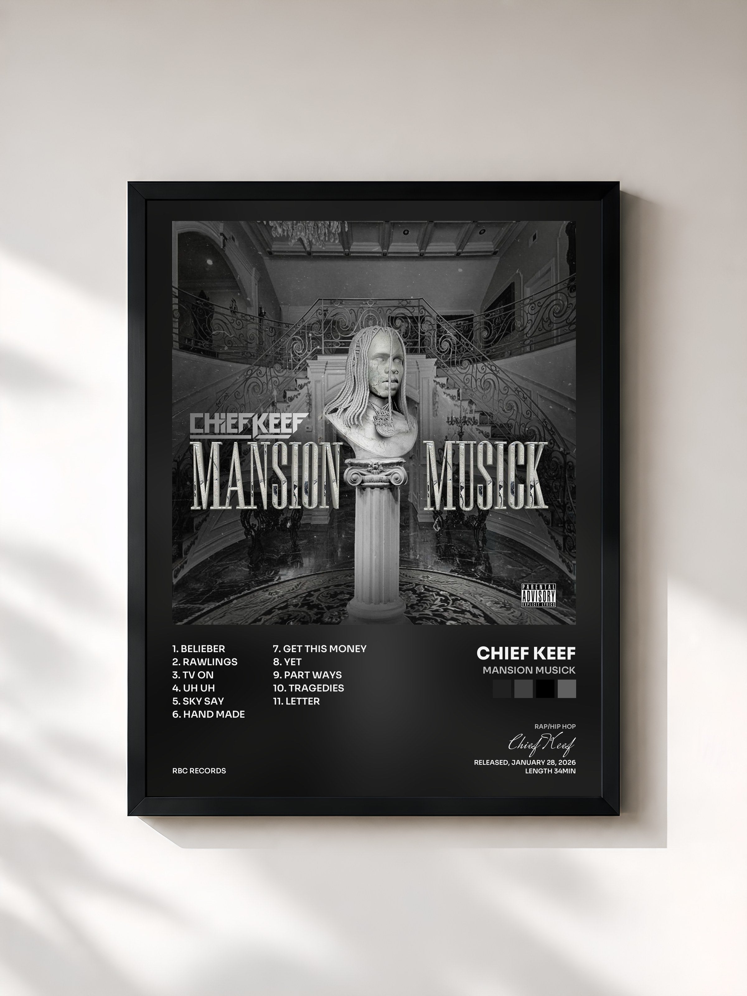 #noir Tableau de l'album Mansion Musick de Chief Keef, cadre noir, imprimé et encadré en France