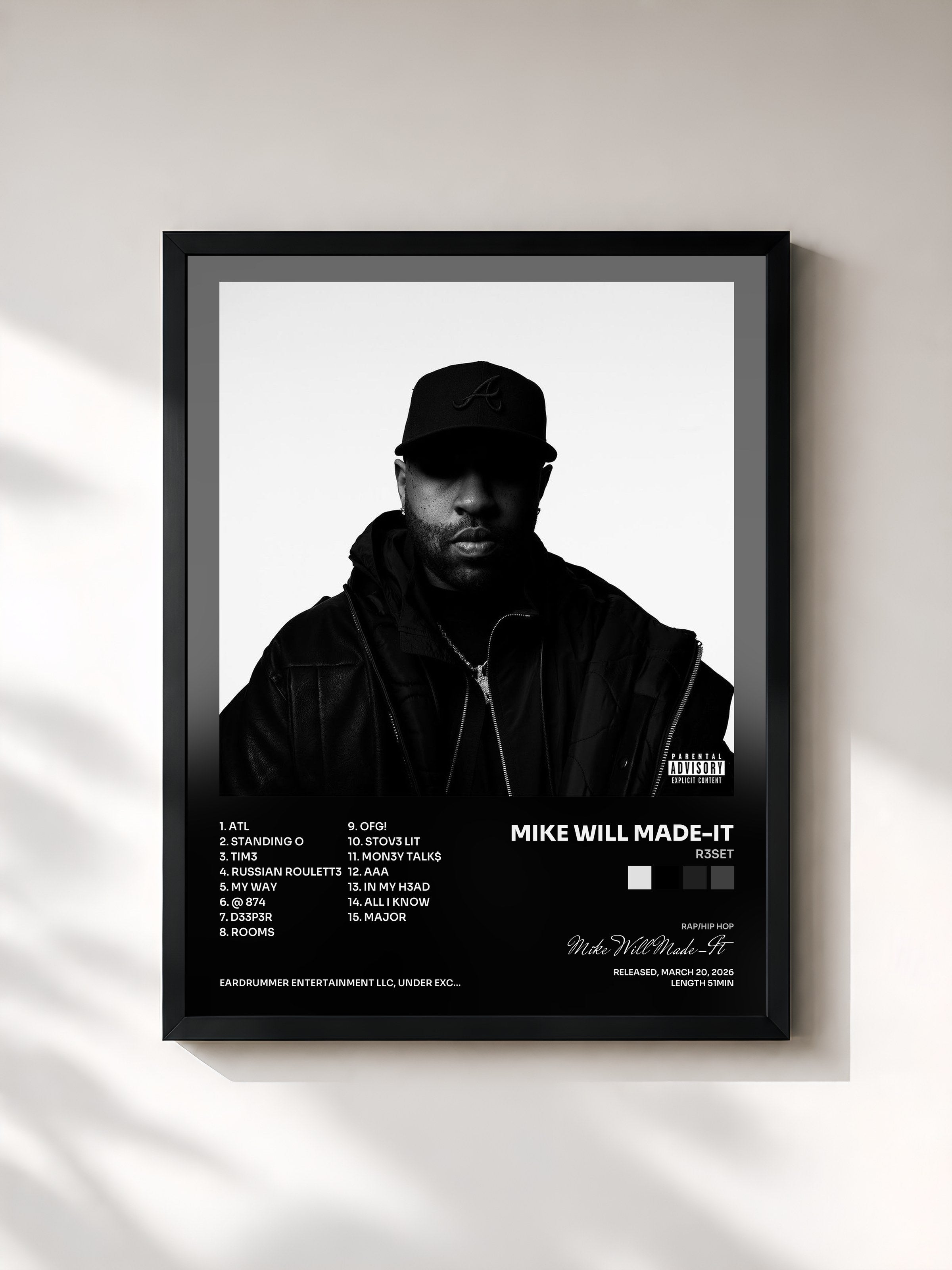 #noir Tableau de l'album R3SET de Mike Will Made-It, cadre noir, imprimé et encadré en France