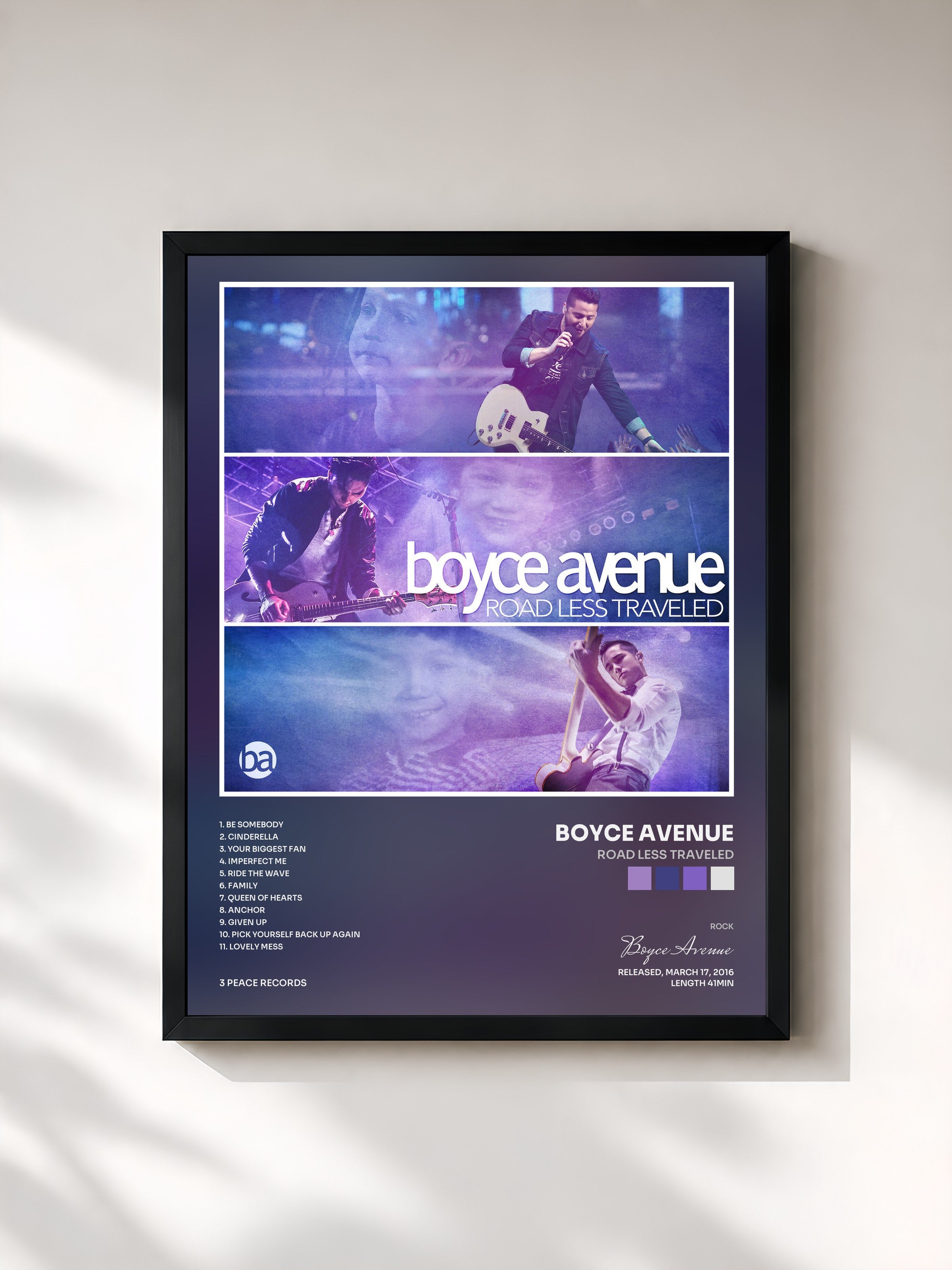#noir Tableau de l'album Road Less Traveled de Boyce Avenue, cadre noir, imprimé et encadré en France