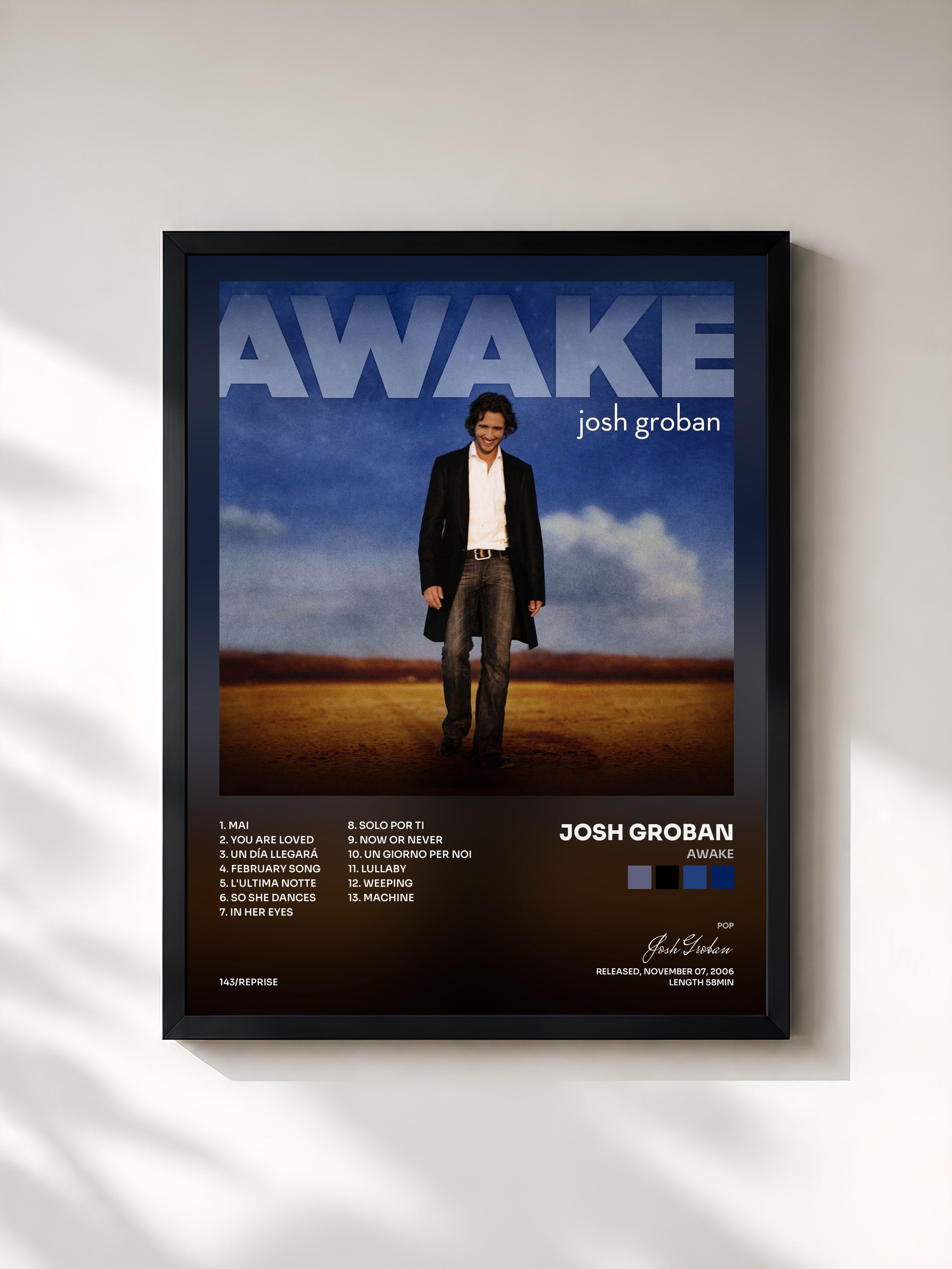 #noir Tableau de l'album Awake de Josh Groban, cadre noir, imprimé et encadré en France
