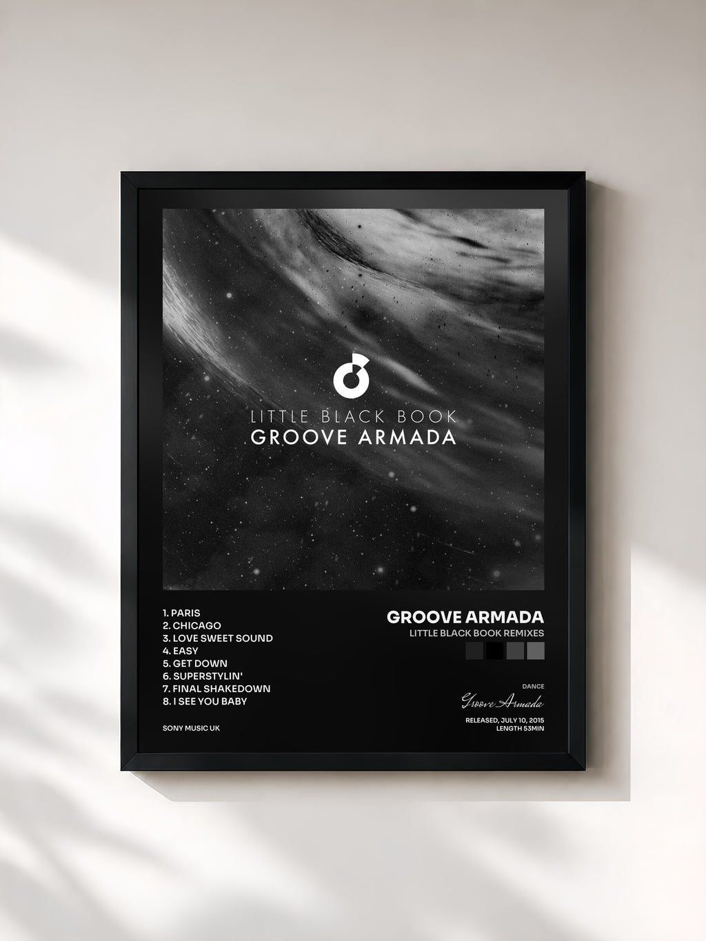 #noir Tableau de l'album Little Black Book Remixes de Groove Armada, cadre noir, imprimé et encadré en France