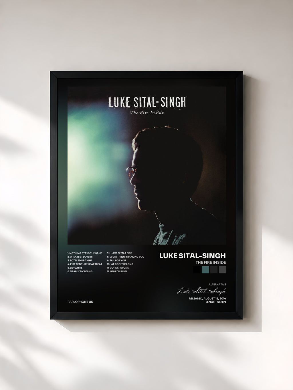 #noir Tableau de l'album The Fire Inside de Luke Sital-Singh, cadre noir, imprimé et encadré en France