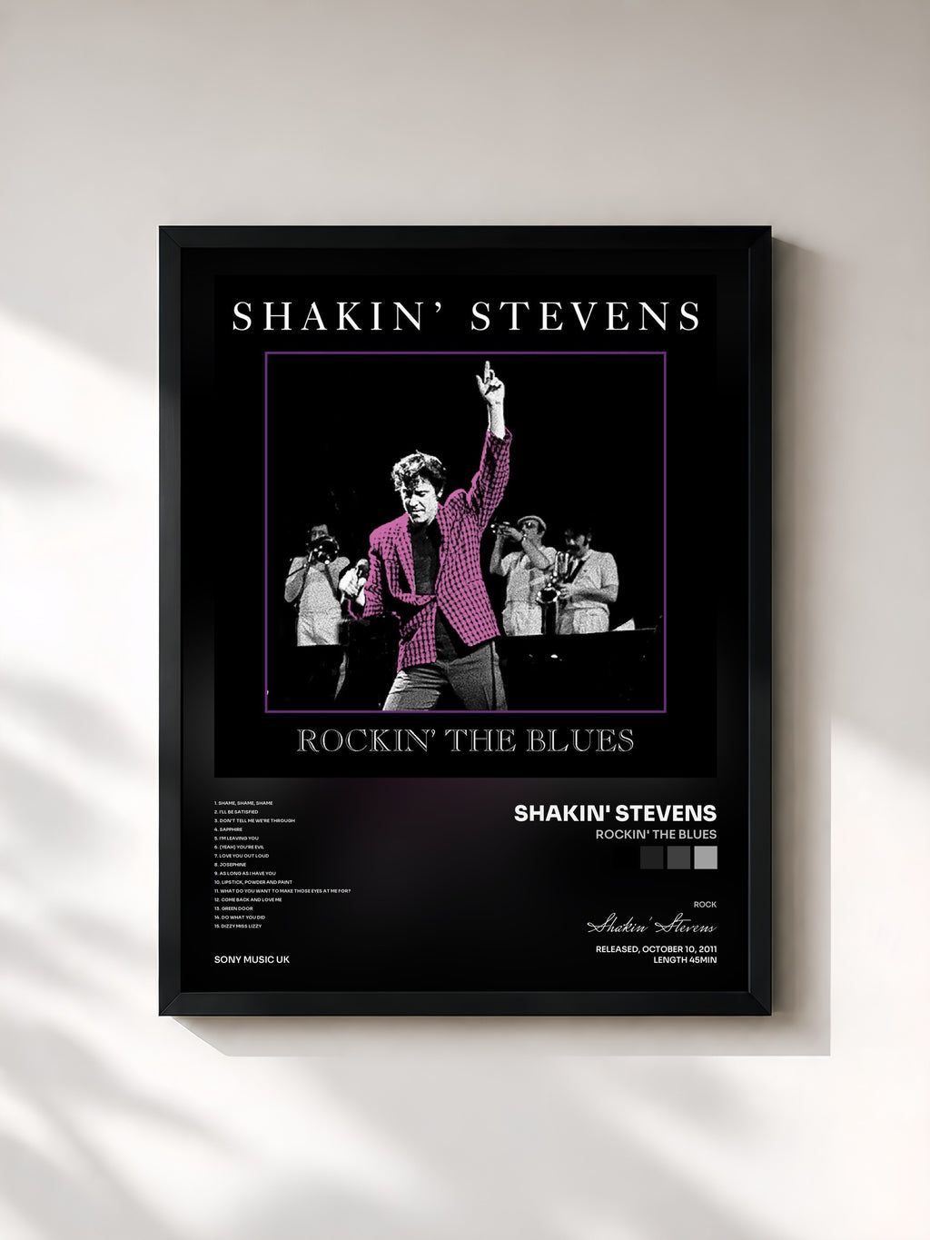 #noir Tableau de l'album Rockin' The Blues de Shakin' Stevens, cadre noir, imprimé et encadré en France