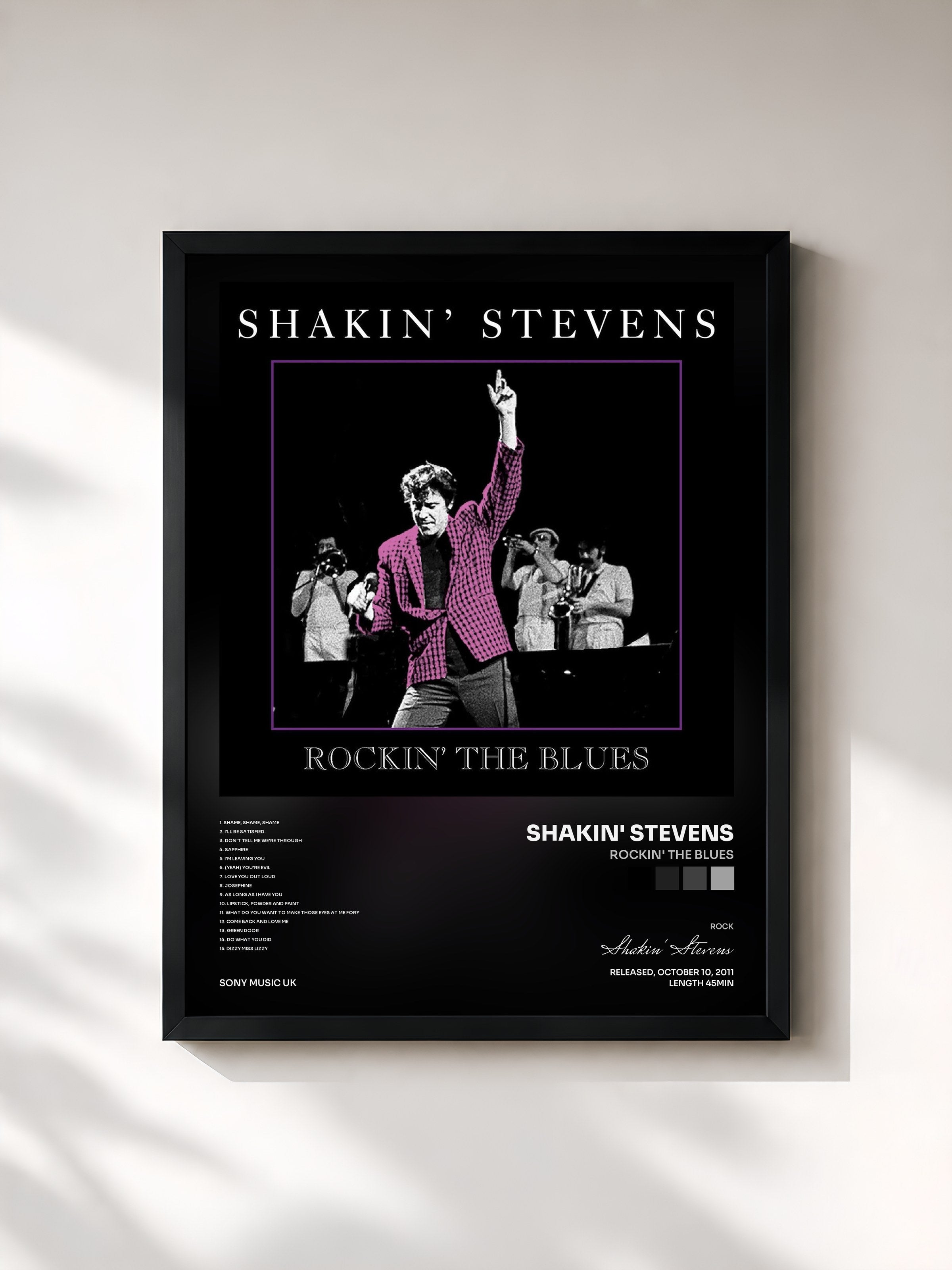 #noir Tableau de l'album Rockin' The Blues de Shakin' Stevens, cadre noir, imprimé et encadré en France