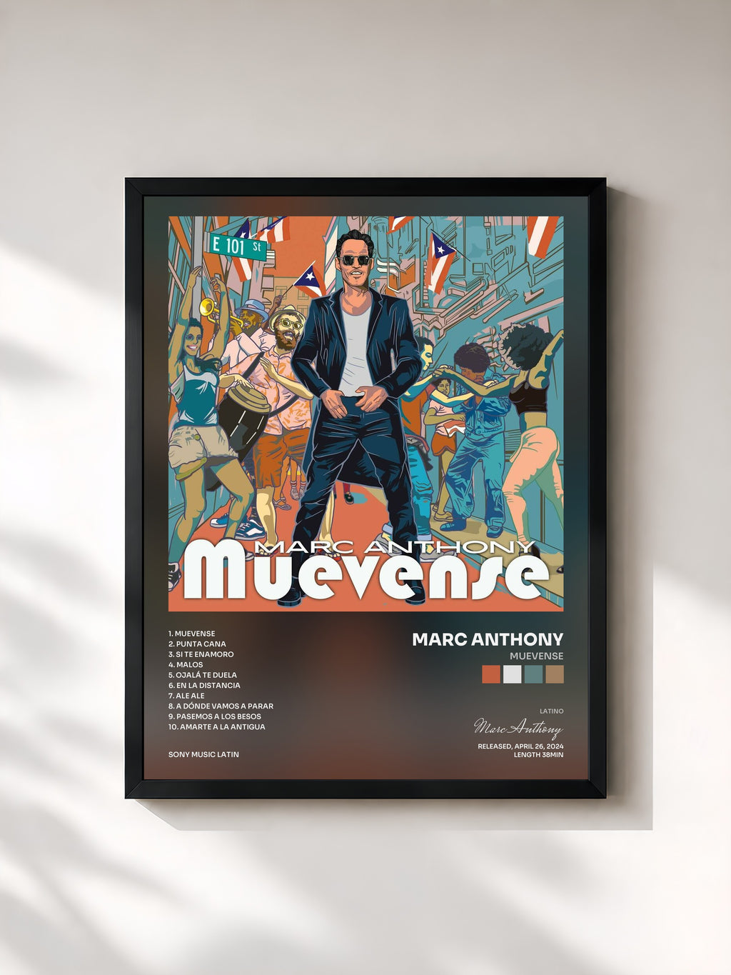 #noir Tableau de l'album MUEVENSE de Marc Anthony, cadre noir, imprimé et encadré en France