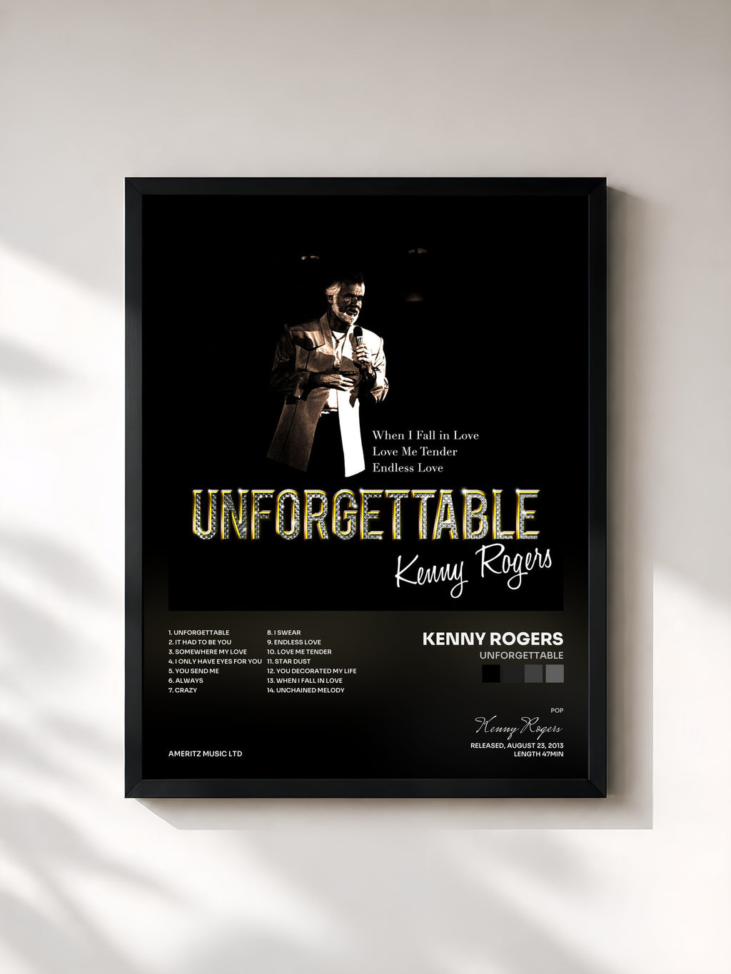 #noir Tableau de l'album Unforgettable de Kenny Rogers, cadre noir, imprimé et encadré en France