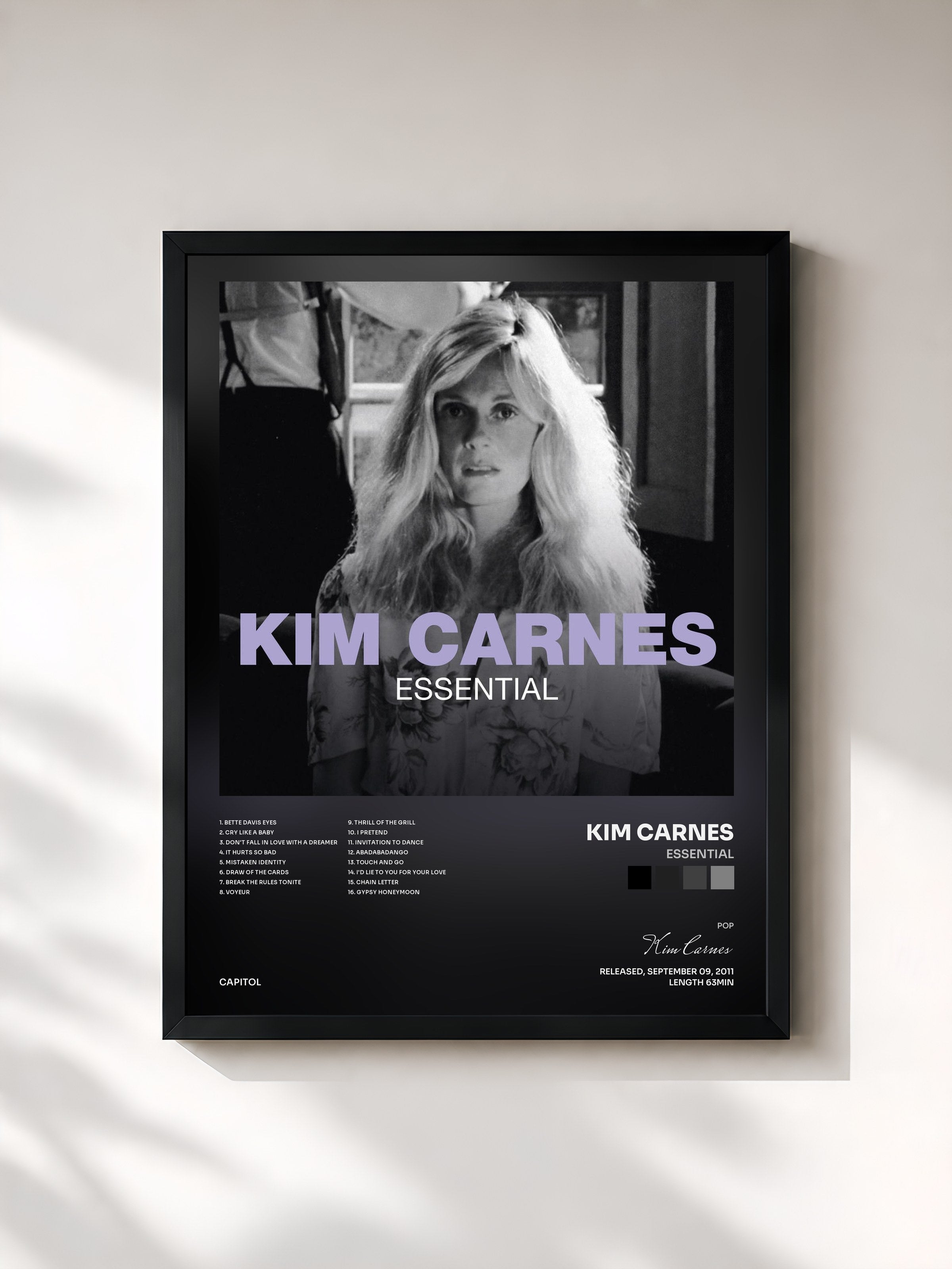 #noir Tableau de l'album Essential de Kim Carnes, cadre noir, imprimé et encadré en France