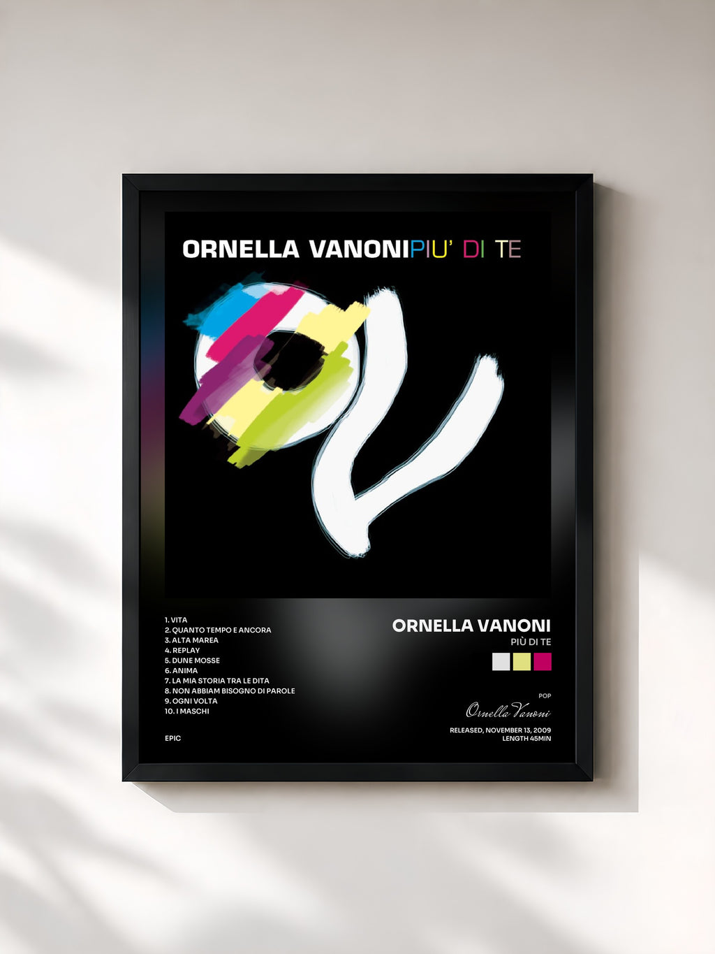 #noir Tableau de l'album Più Di Te de Ornella Vanoni, cadre noir, imprimé et encadré en France
