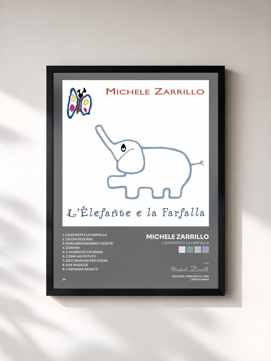 #noir Tableau de l'album L'Elefante E La Farfalla de Michele Zarrillo, cadre noir, imprimé et encadré en France