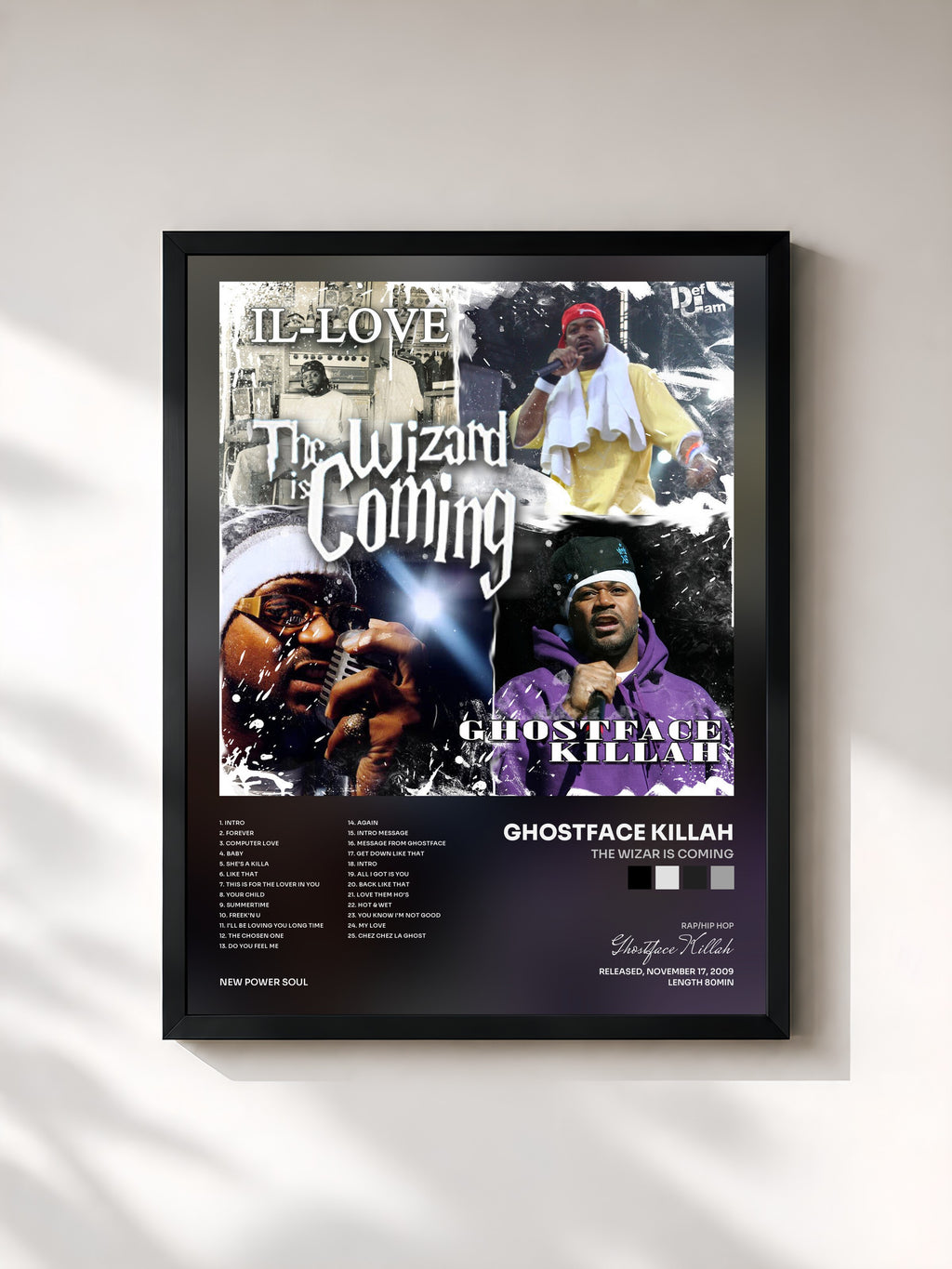 #noir Tableau de l'album The Wizar Is Coming de Ghostface Killah, cadre noir, imprimé et encadré en France