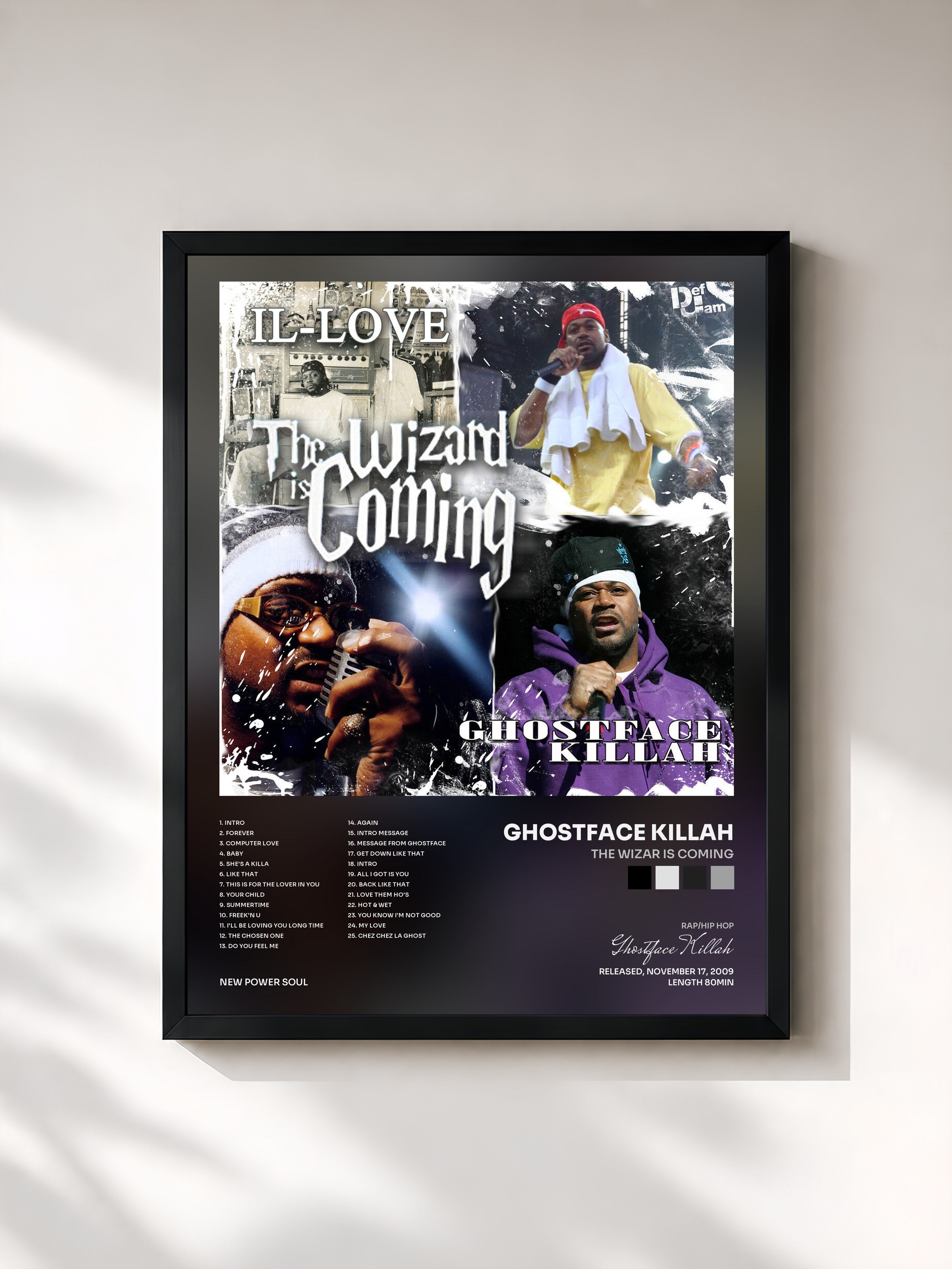 #noir Tableau de l'album The Wizar Is Coming de Ghostface Killah, cadre noir, imprimé et encadré en France