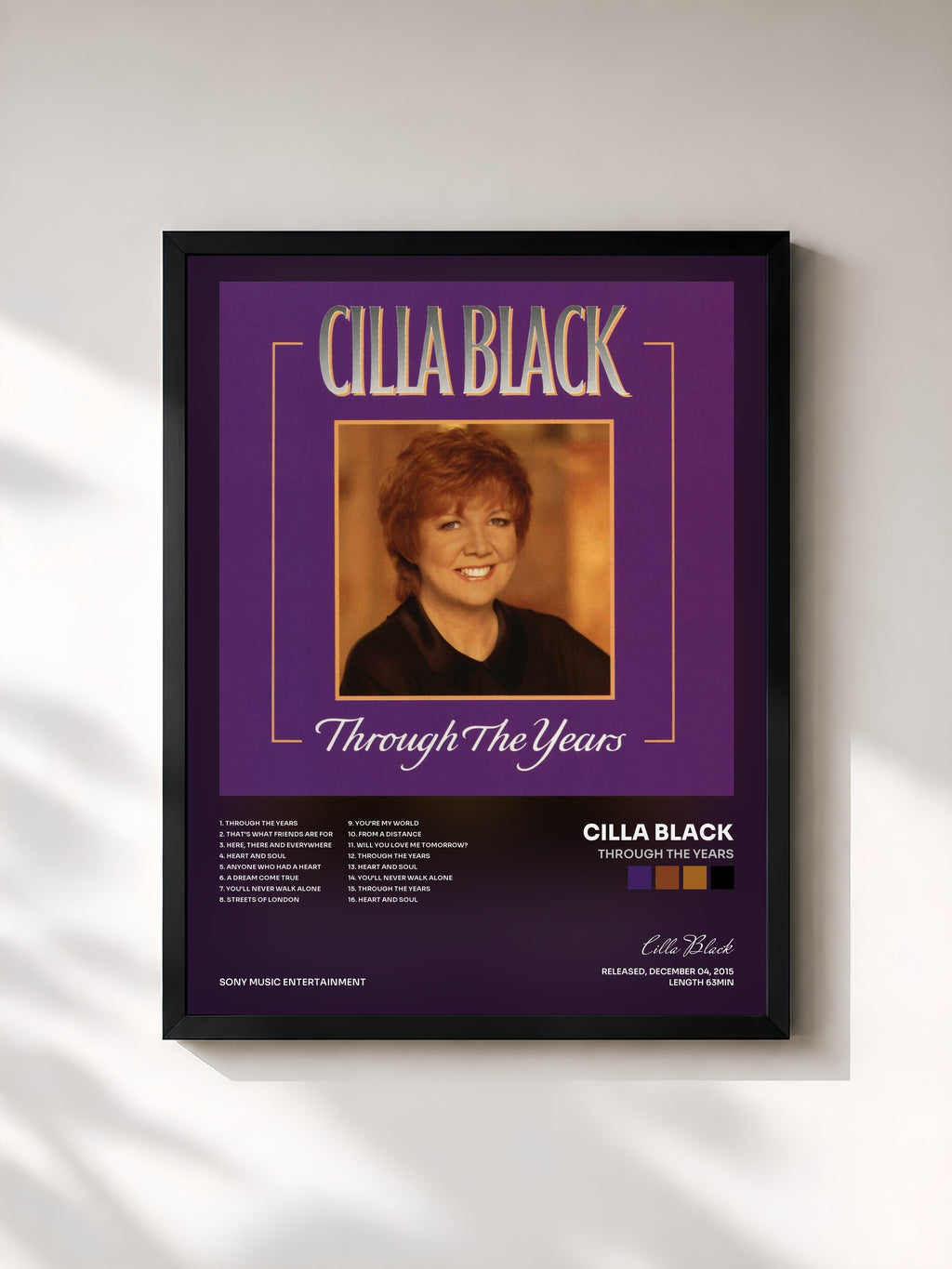 #noir Tableau de l'album Through the Years de Cilla Black, cadre noir, imprimé et encadré en France