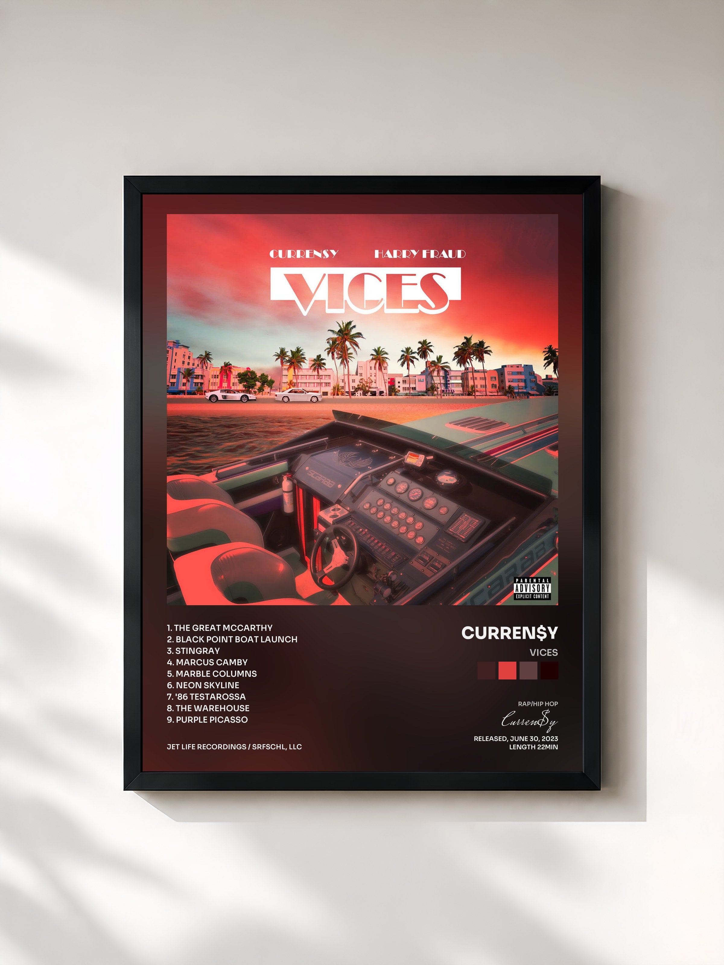 #noir Tableau de l'album VICES de Curren$y, cadre noir, imprimé et encadré en France