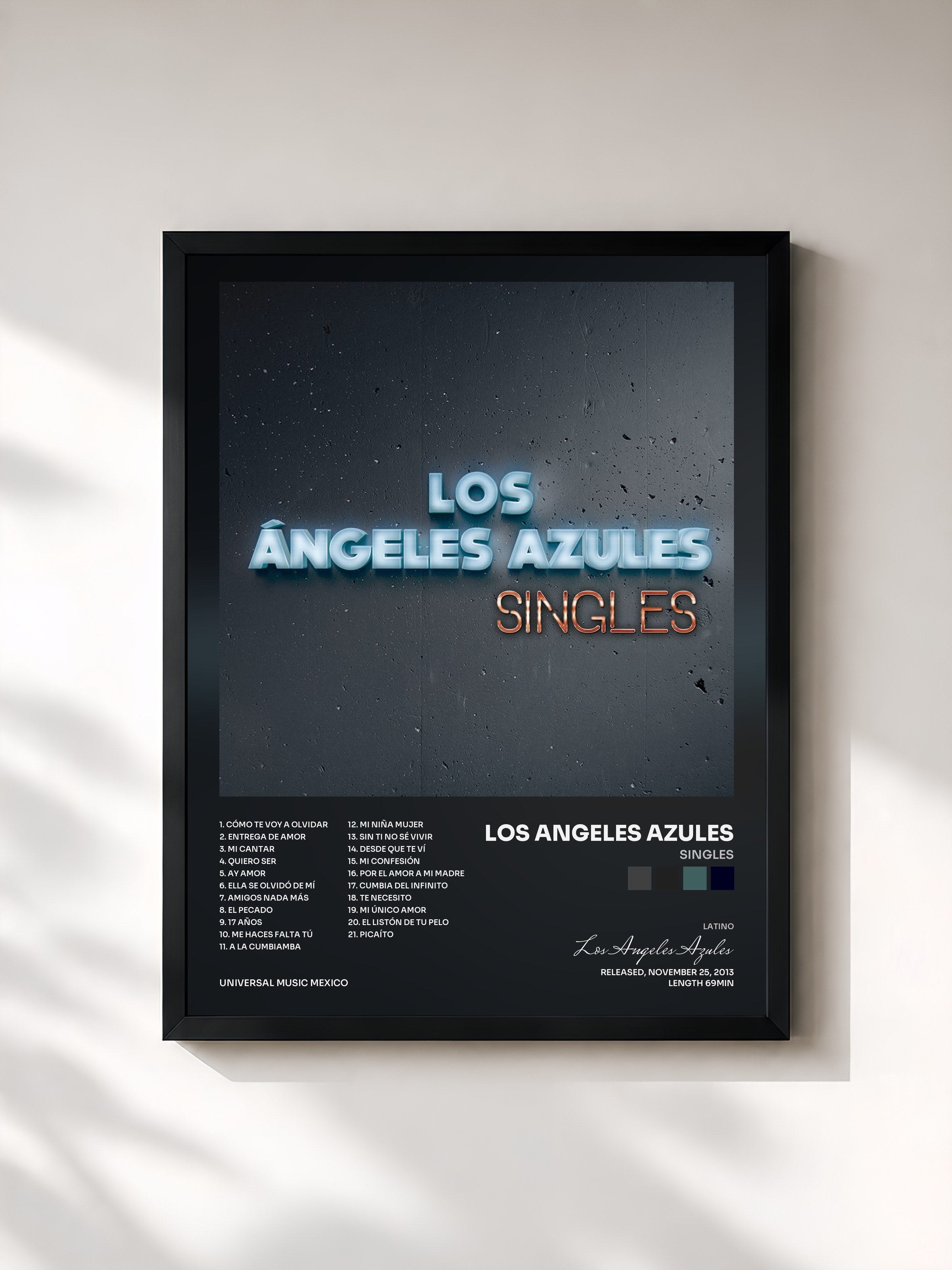 #noir Tableau de l'album Singles de Los Angeles Azules, cadre noir, imprimé et encadré en France